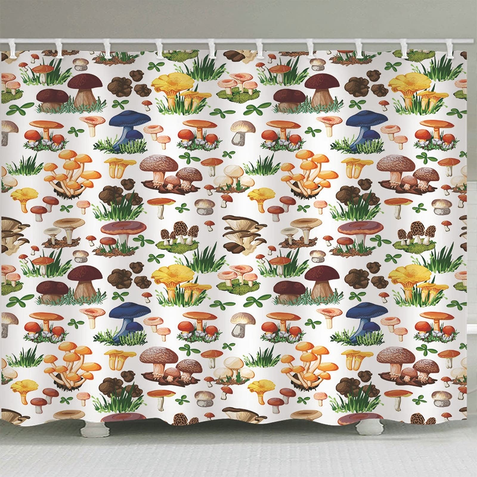 Cortina de ducha antimoho, diseño de setas con anillas, poliéster, 180 x 200 cm, color blanco