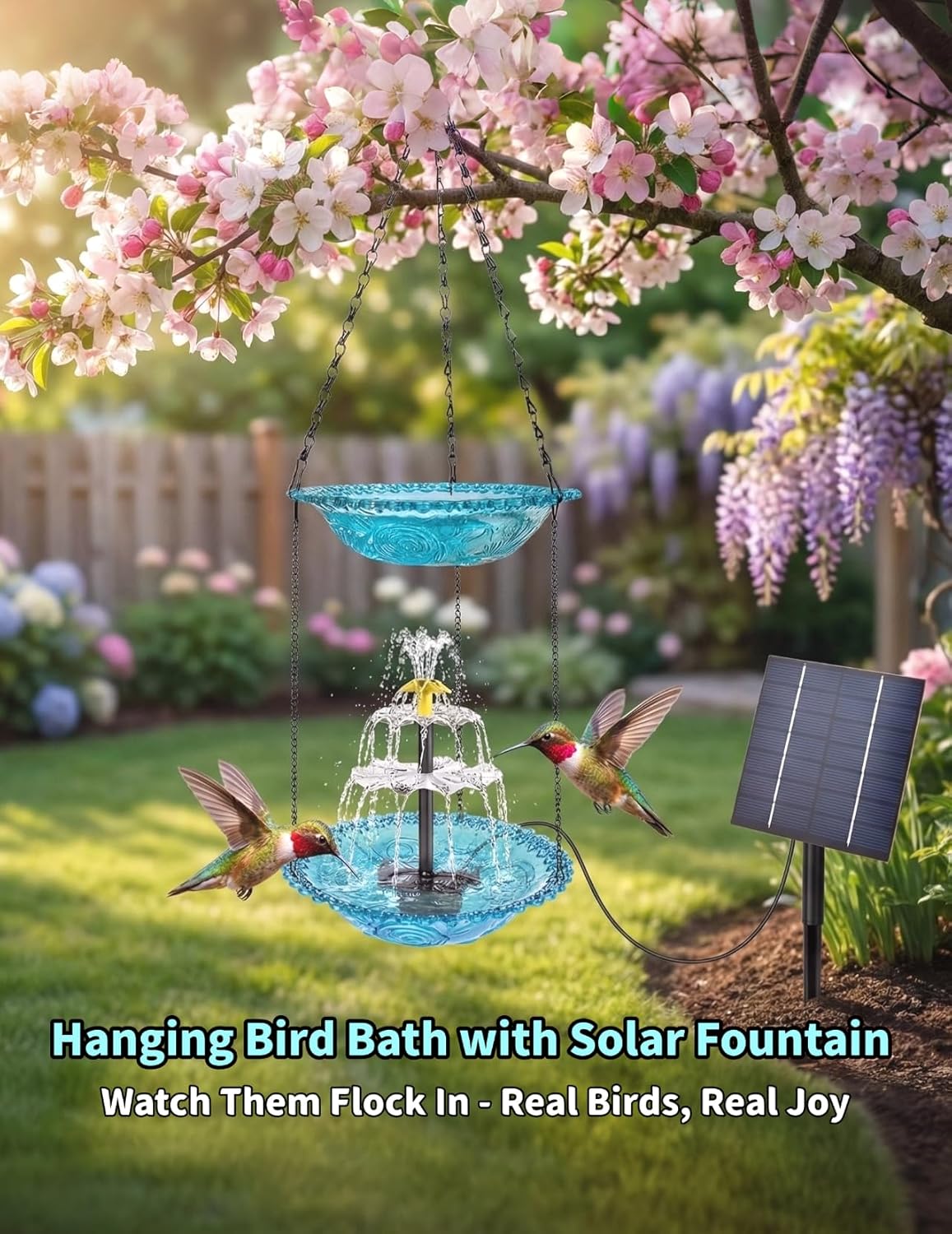 Hanging Bird Bath with Solar Fountain, 9.25" Double Layer Outdoor Birdbath Fountain, 27.6” Adjustable Height, Hummingbird Birdbath Fountain for Patio, Yard, Garden Decoration (Blue)