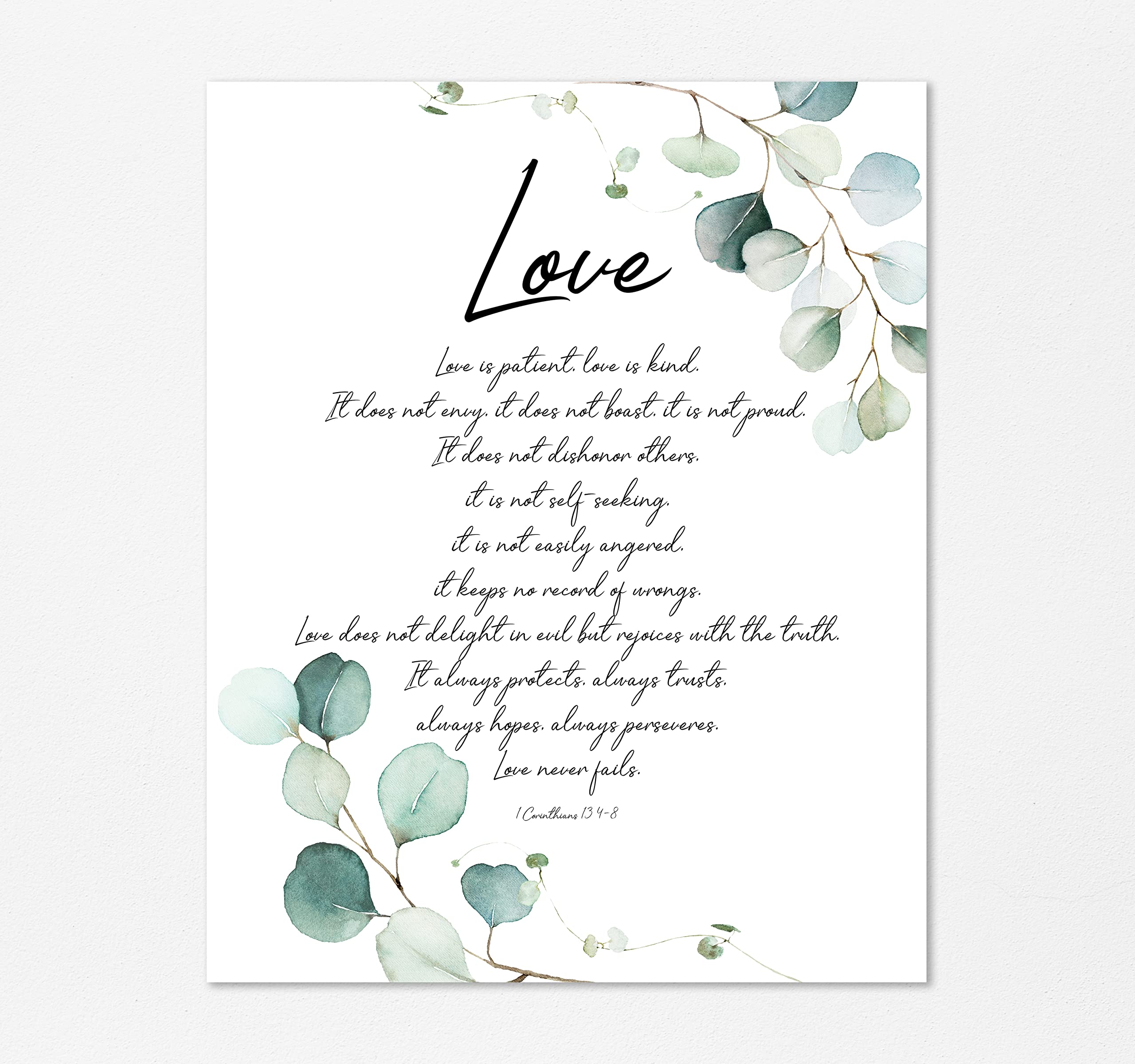 1 Corinthians 13 Wall Art, Bible Verse Print, Scripture Gift Idea Christian Home Decor 8x10 UNFRAMED, Crafty Cow Design