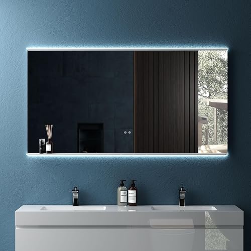 Espejo de baño rectangular de 60 pulgadas de ancho x 32 pulgadas de alto montado en la pared con retroiluminación LED antivaho con temperatura
