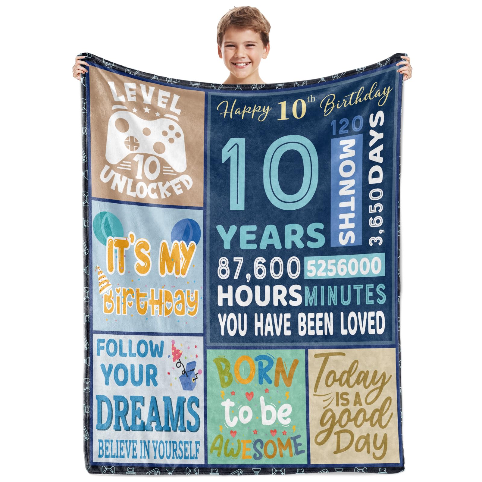 BTZO 10th Birthday Gifts for Boys,Blue Happy 10th Birthday Blanket,10 Year Old Boy Girls Gift Ideas,10th Birthday Decorations Gift Throw Blanket for Teen Son Grandson Nephew 50