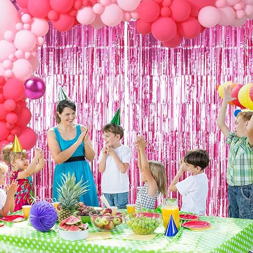 Miniatura 3 de Miliocry Paquete de 3 cortinas de flecos de papel de aluminio rosa de 3.3 x 6.6 pies, telón de fondo metálico para fiestas, serpentinas de pared de
