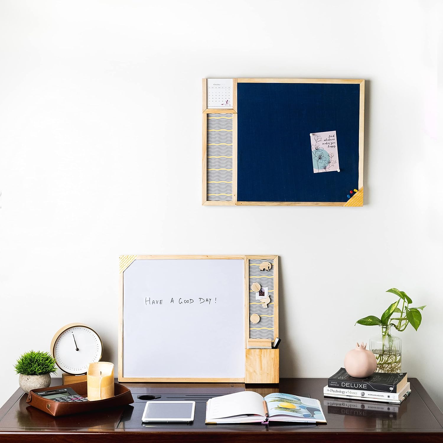 IVEI Combination Board with Magnet Board, Pin Board, Whiteboard & Calendar- Set of 2 - Dark Blue -Innovative Organizer for Kids and Adults with Magnets to Do Boards Gift for Home, Office, School