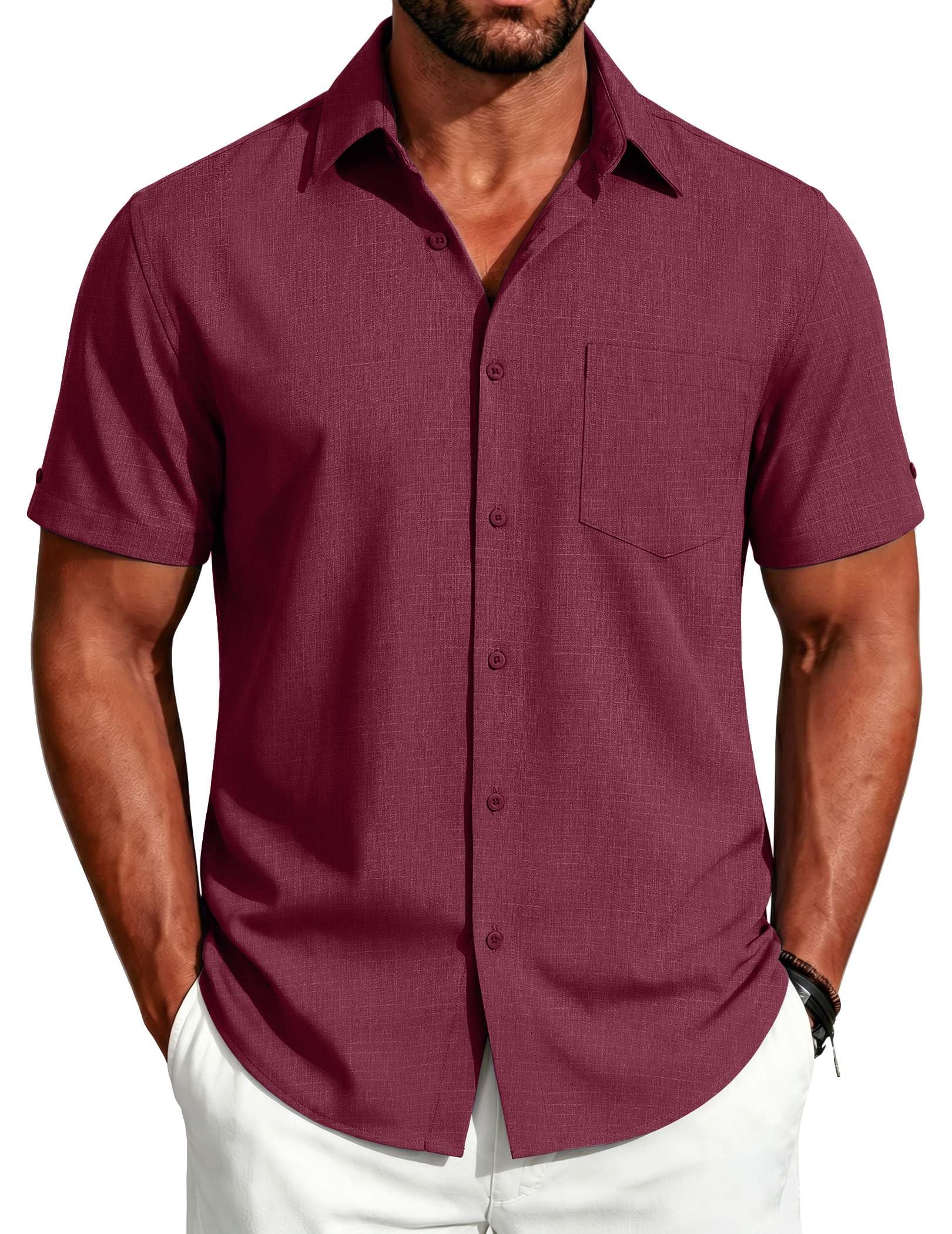 Coofandy Chemises à Manches Courtes avec Boutons pour Homme - Chemise d'été décontractée en Lin avec Poche