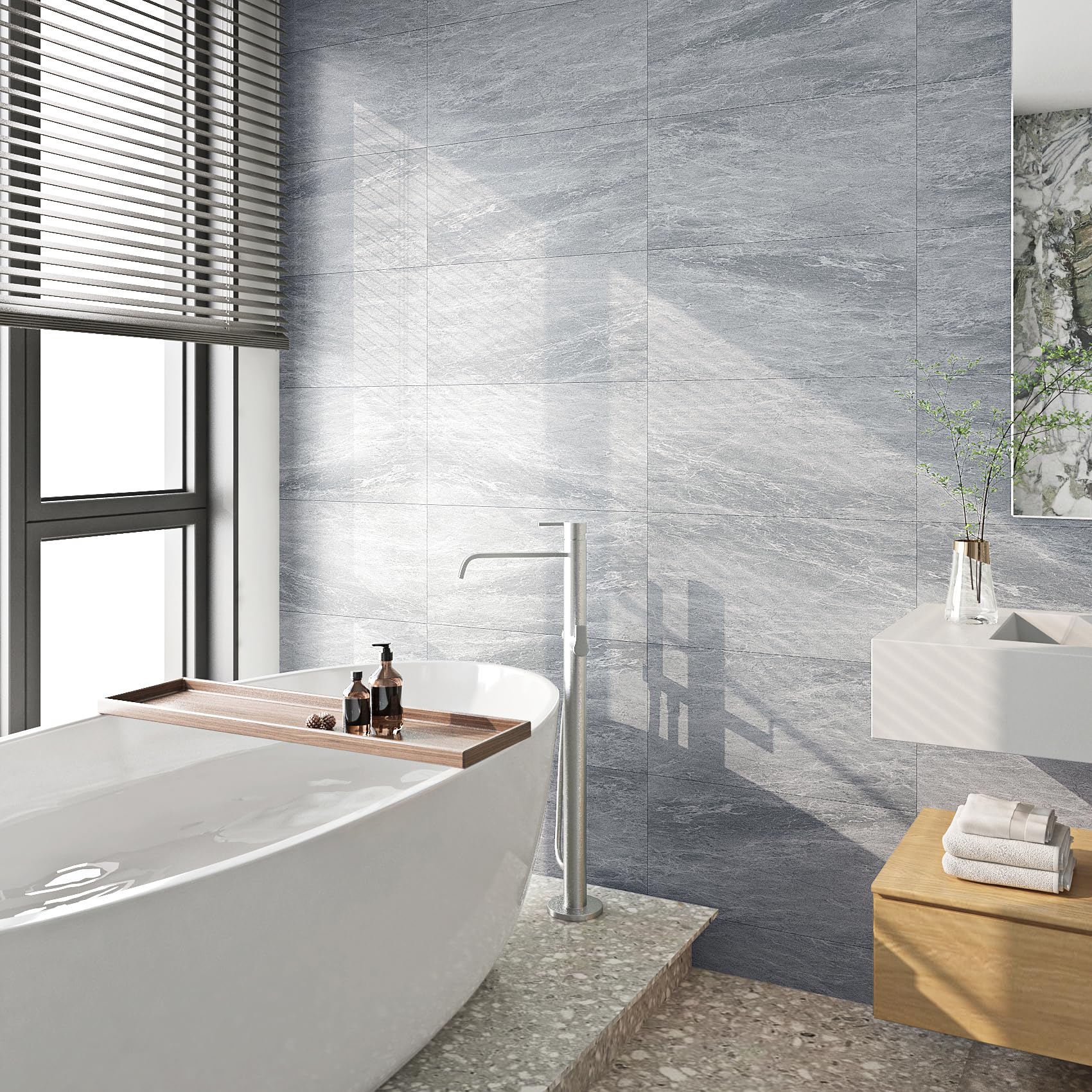 FunStick 30X60CM 15 Pezzi Adesivi per Piastrelle Grigio Effetto Cemento Mattonelle Adesive Bagno Impermeabile Carta da Parati Decorativa Adesiva Muro Grigio Paraschizzi Cucina Adesivo Rivestimento