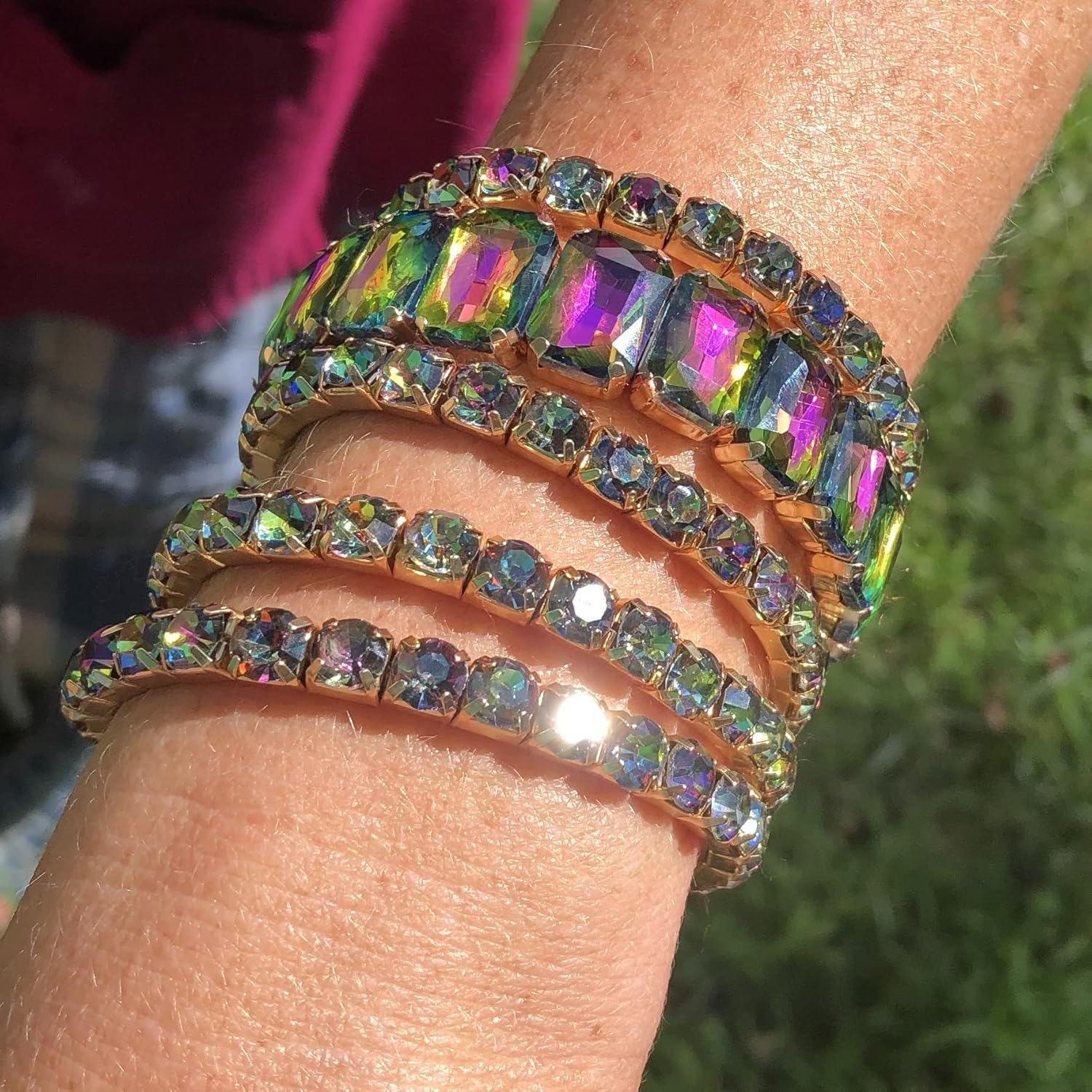 Rosemarie & Jubalee Women's Stunning Statement Bejeweled Set Of 5 Colorful Crystal Rhinestone Stretch Bracelets, 6.75"