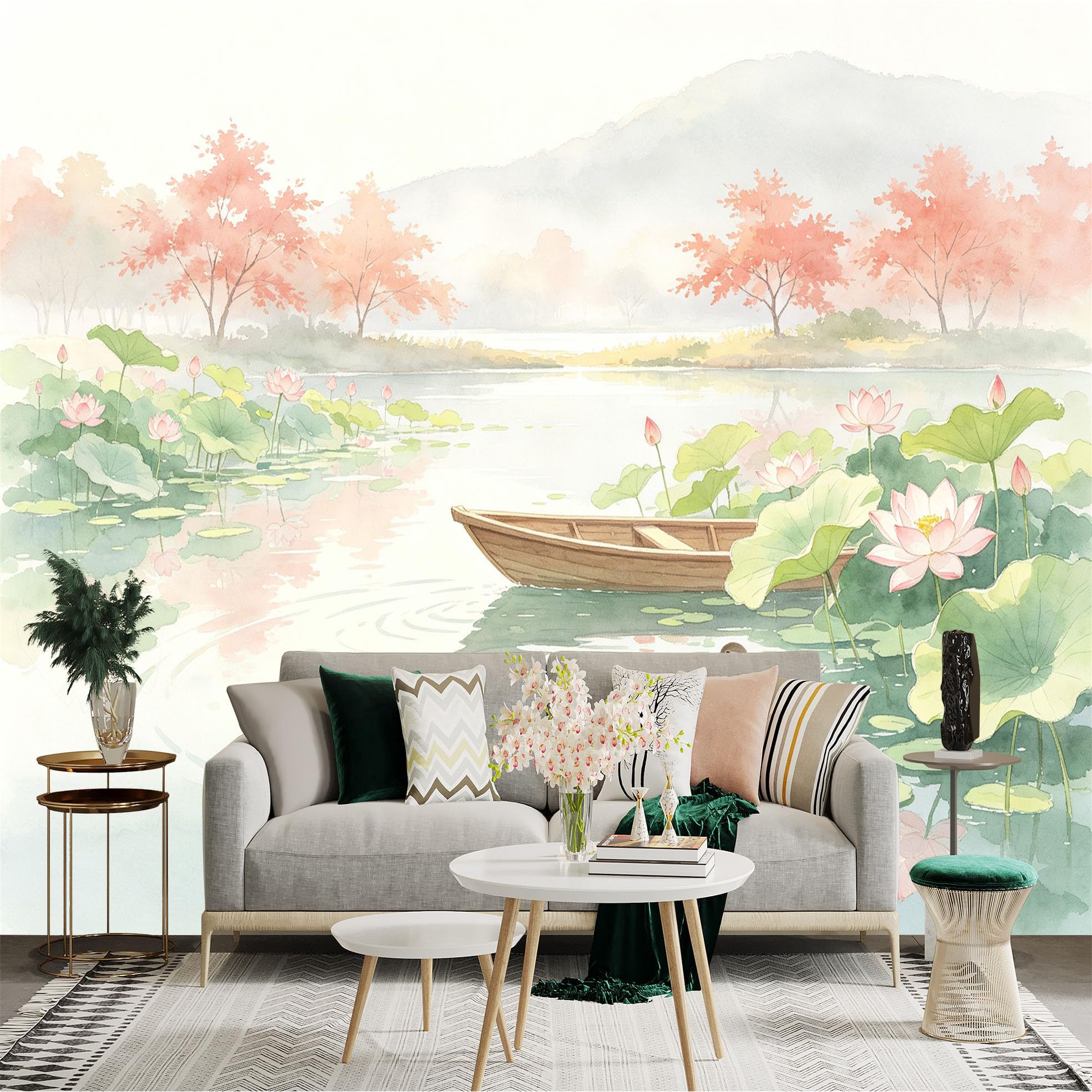 Custom Size Wall Sticker Mural， Watercolor Lotus Pond with Wooden Boat， Mandarin Ducks， Serene Spring Scenery， for wall Decoration， peelandstick wall Decals.