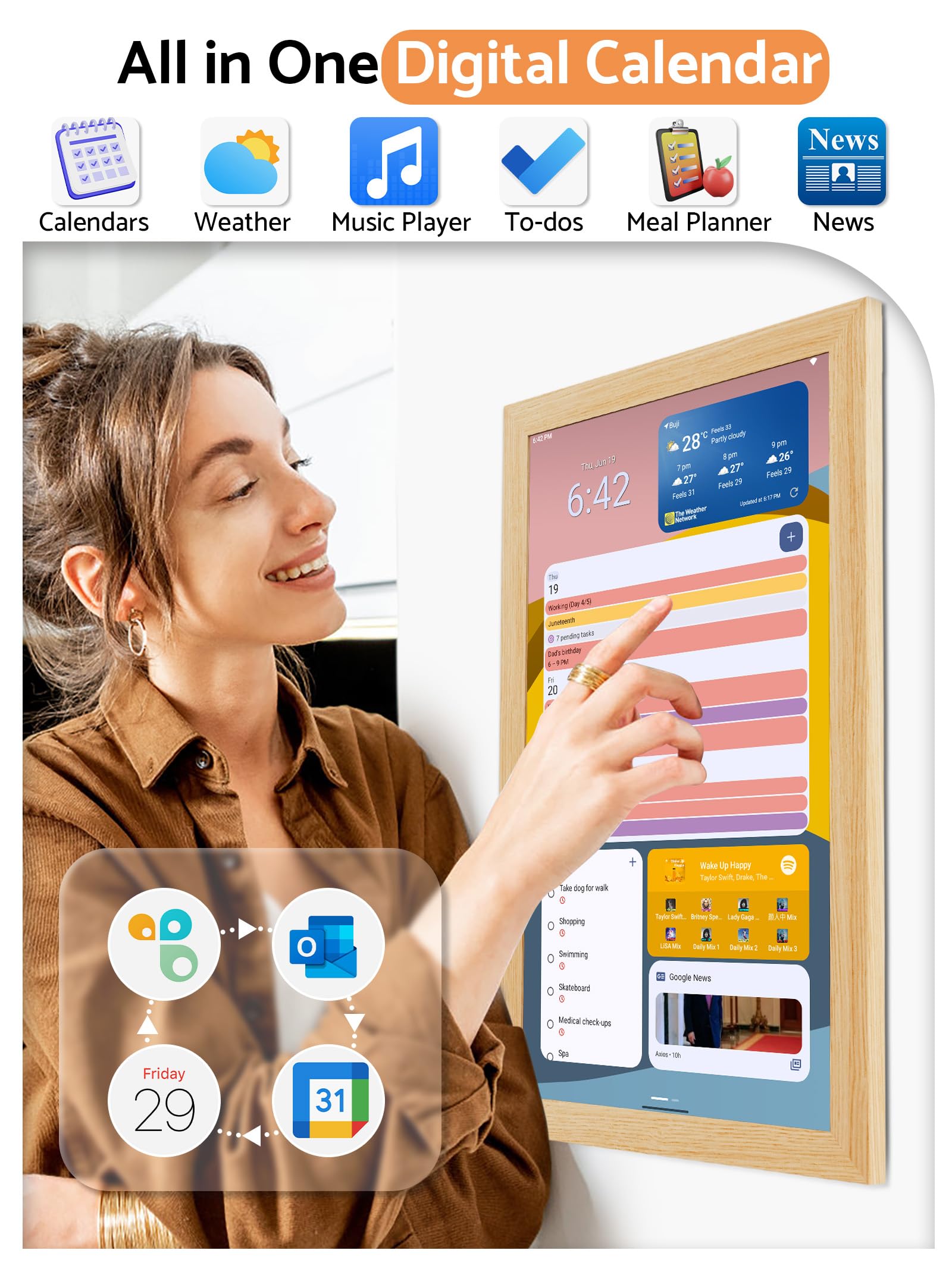 Calendrier numérique mural avec écran tactile, affichage de 54,5 cm, calendriers intelligents électroniques pour la famille, planificateur électrique pour horaire quotidien pour enfants