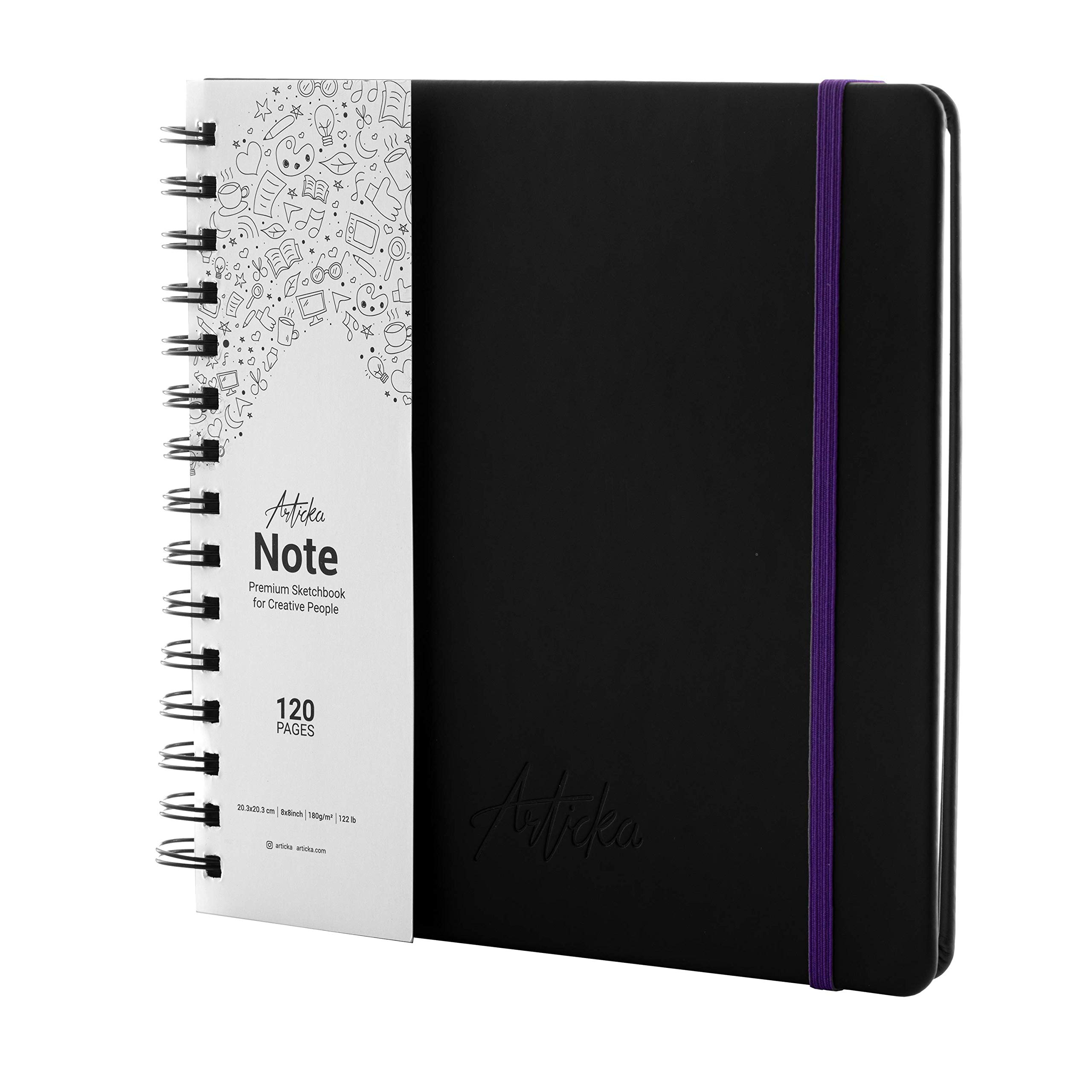 Articka Note Spiral Bound Hardcover Sketchbook – Square Hardbound Sketch Journal - 8x8 Inch Art Book - 120 Pages - Elastic Closure - 180GSM Premium Paper - Ideal for Pencils, Graphite, Charcoal, Pen