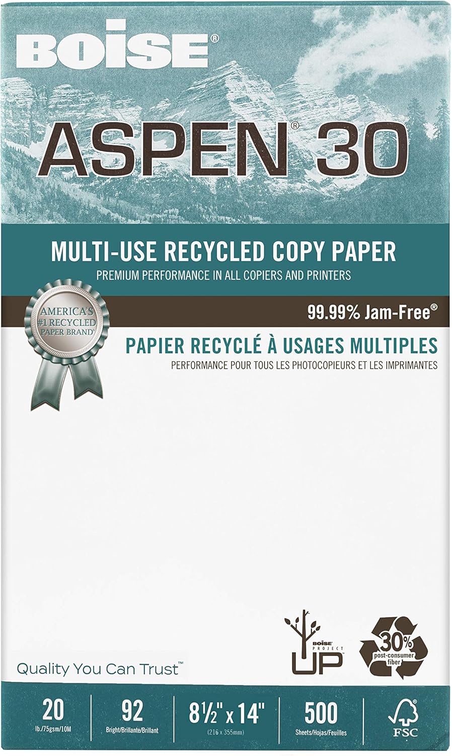 Boise ASPEN 30 Multi-Use Printer & Copy Paper, 10 Reams, White, Legal (8.5in x 14in), 5000 Sheets Per Case- 054904-CTN
