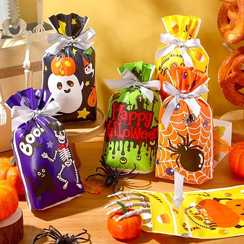 Miniatura 3 de Aliceset 50 bolsas de dulces de Halloween a granel pequeñas con cordón de Halloween, bolsas de plástico de araña, fantasma, esqueleto, bolsas de