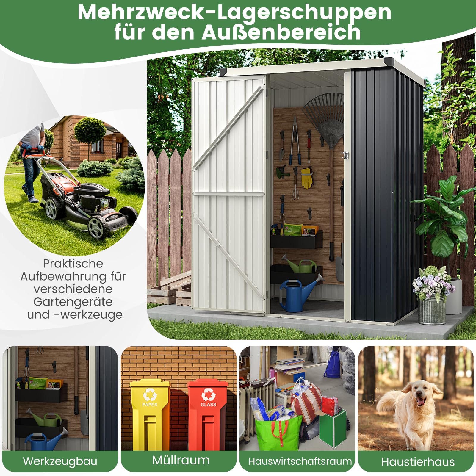COSTWAY Gartenhaus Metall, Geräteschuppen mit Pultdach & abschließbarer Tür & Schloss, 117 x 89 x 162 cm Garten Schuppen Outdoor, Gerätehaus wetterfest für Garten, Rasen, Grau