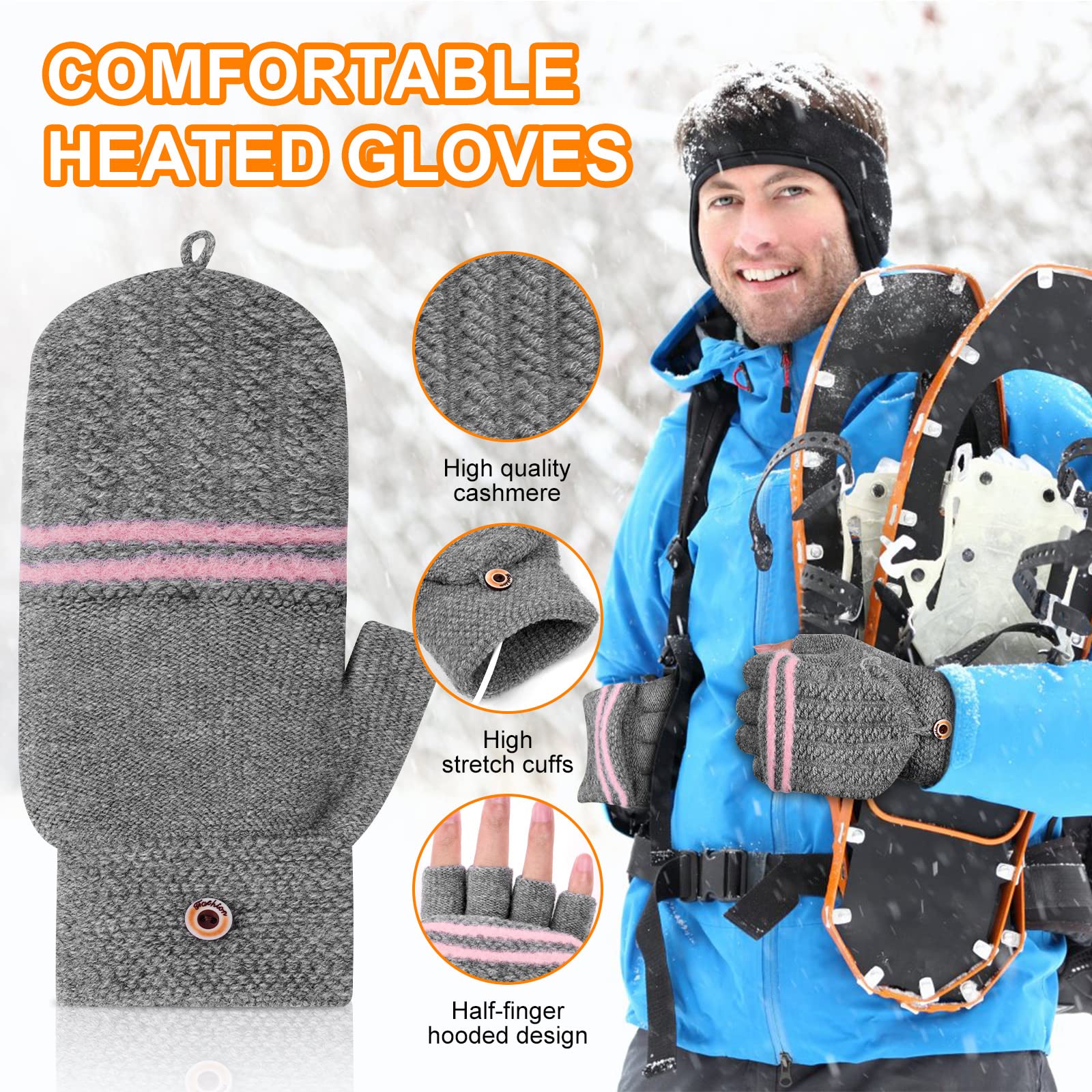Flintronic Guantes Calefactables USB, Guantes Térmicos USB Unisex de Invierno, Guantes de Medio Dedo con Cubierta para el Dedo, Guantes de Tejer Lavables para Ciclismo/Esquí/Portátiles/Oficina-Rosa
