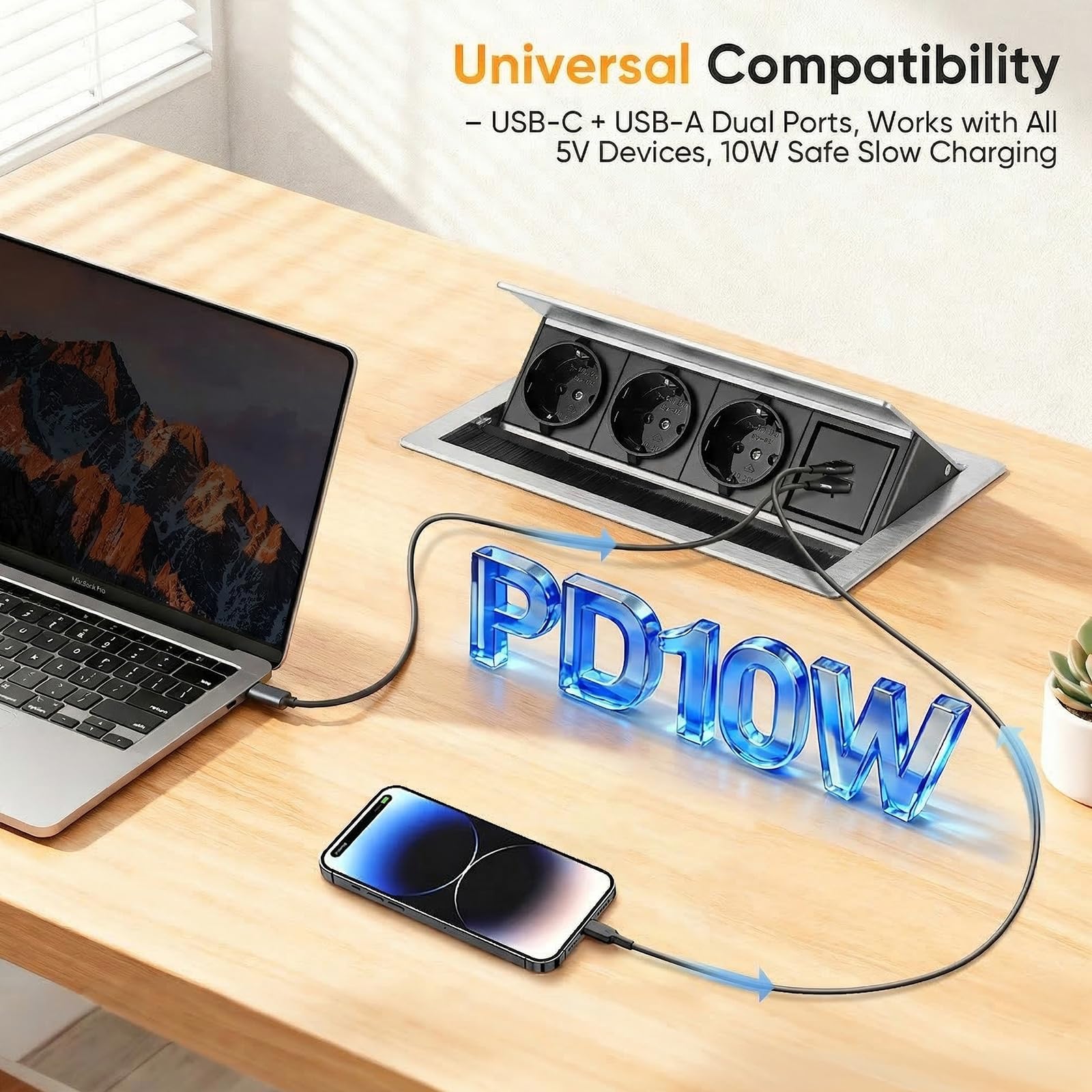 Tira de alimentación retráctil 5 en 1 con 3 compartimentos, 1 USB-C y 1 USB-A PD de 10 W, conector de aluminio integrado para mesa, zócalo retráctil, enchufe de mesa con cable de 1,8 m para cocina