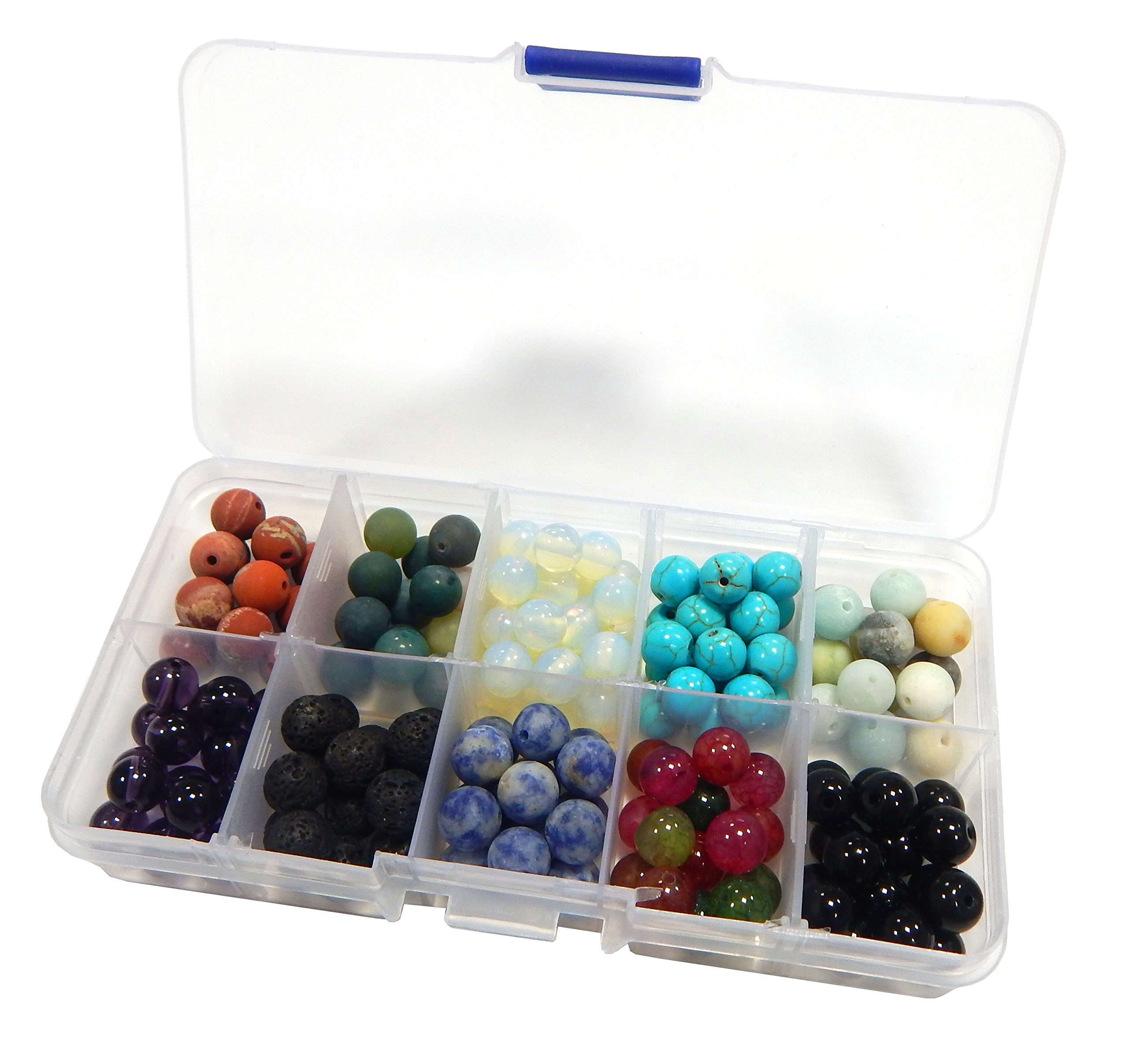 Perlin 150stk. Edelsteine Halbedelstein Perlen 8mm Bastel-Set 10 Farben Amethyst, Mondstein, Lava stein, Jaspis, Onyx Schwarze, Tourmaline, Sodalith, Amazonite, Türkis, Indische Achat mit Sortierbox