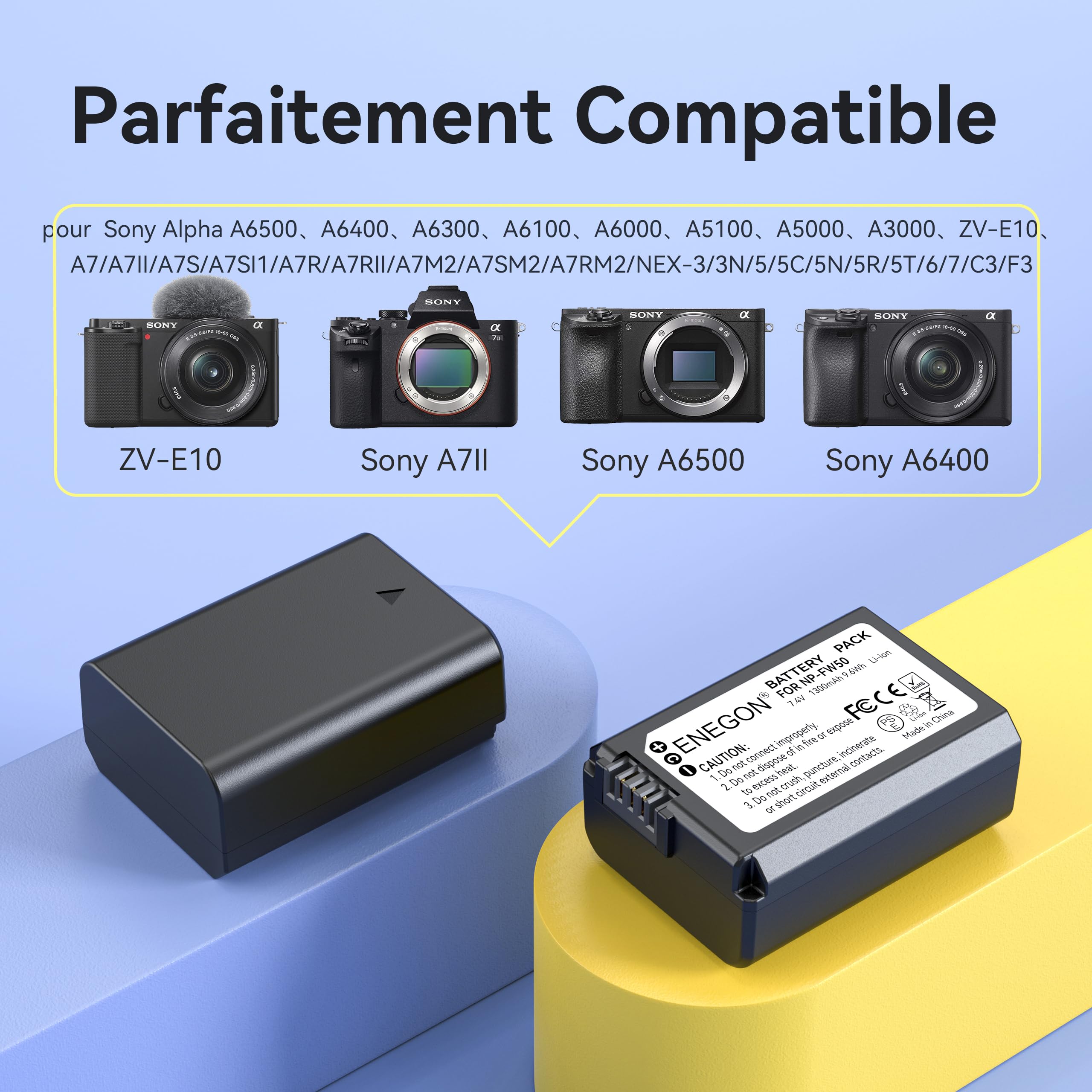 ENEGON Batteries NP-FW50 (2x1300mAh) + Chargeur LCD Intelligent USB Double Entrée – Kit Haute Capacité Compatible Avec Sony Alpha ZV-E10, A6500, A6400, A6300, A6000, A7, A7S, A7S II, A5100, A5000
