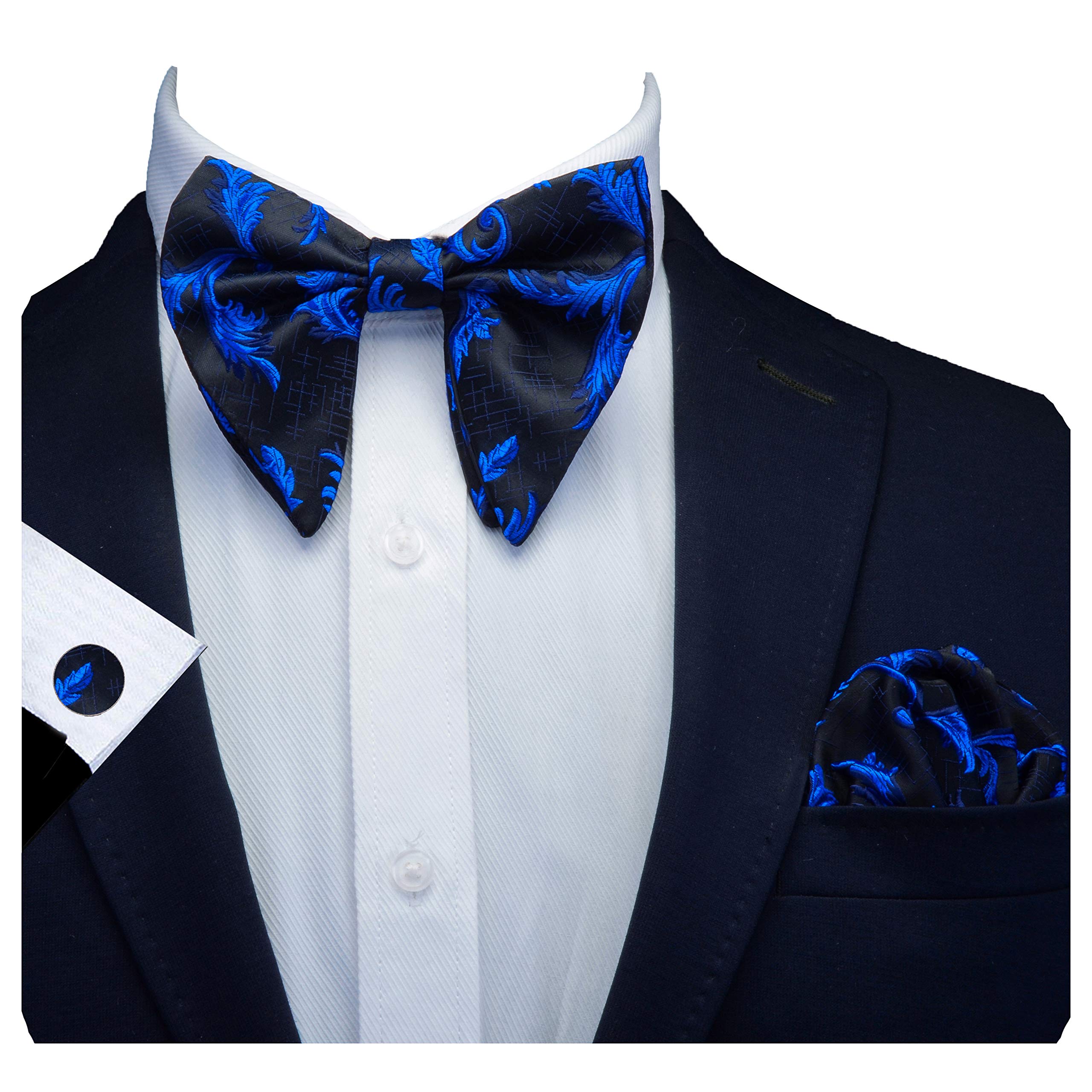 Gusleson Flora Blue Bow tie Adjustable Pre-tied Black Big Bowtie and Pocket Square Cufflink Set (UK0617-01)