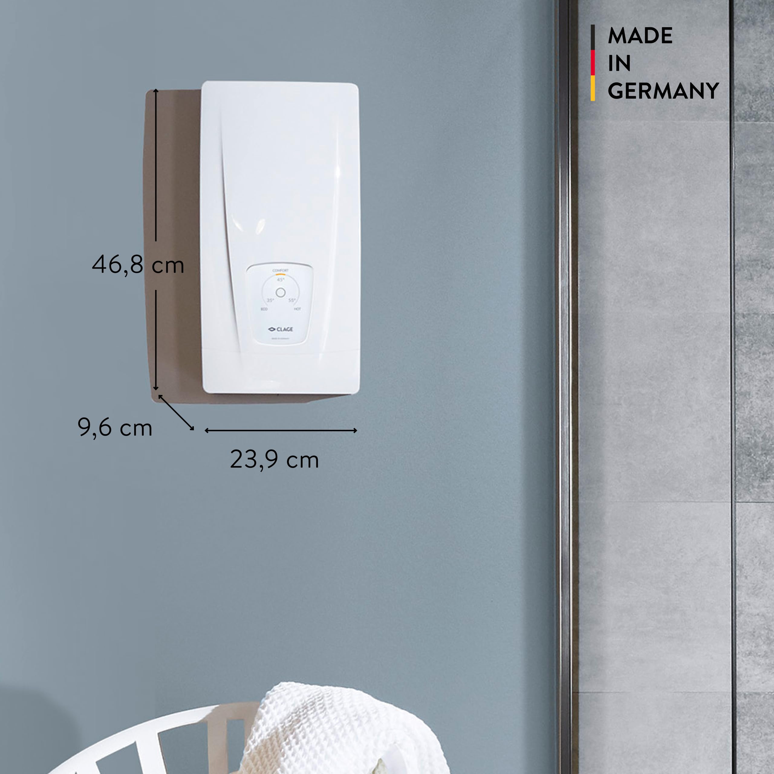 CLAGE DLX24 Next elektronisch geregelter Durchlauferhitzer, Bad/Gruppenversorgung, 24 kW 400V, Temperaturwahl 35, 45 oder 55°C, energiesparend, VDE-GS geprüft, 3200-36224 [Energieklasse A]