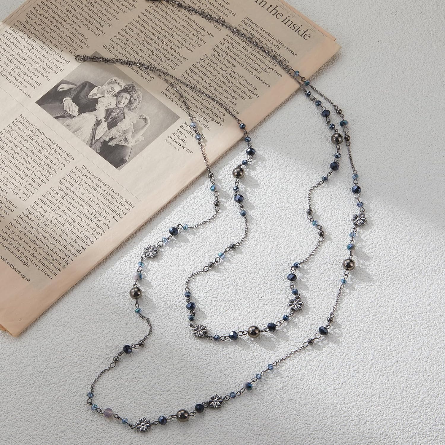 Noessla Layered Long Necklaces for Women Silver Black Beaded Necklace Vintage Flower Costume Jewelry Birthday Gifts for Women - Image 2