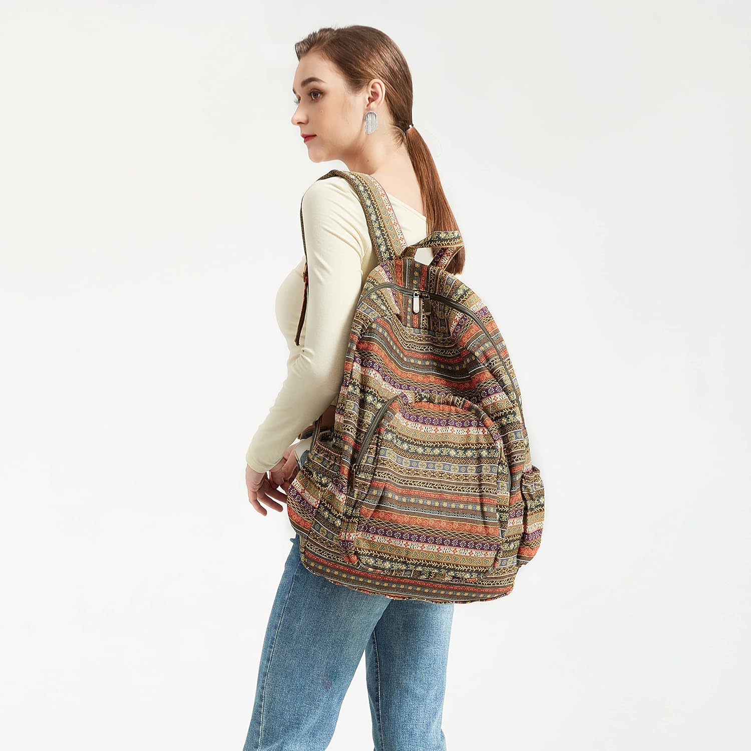 OPQRSTU Women Hippie Hand Bag Large Capacity Bohemian Bag Portable Tourist Fashion Backpacks (Green yellow) - Image 5