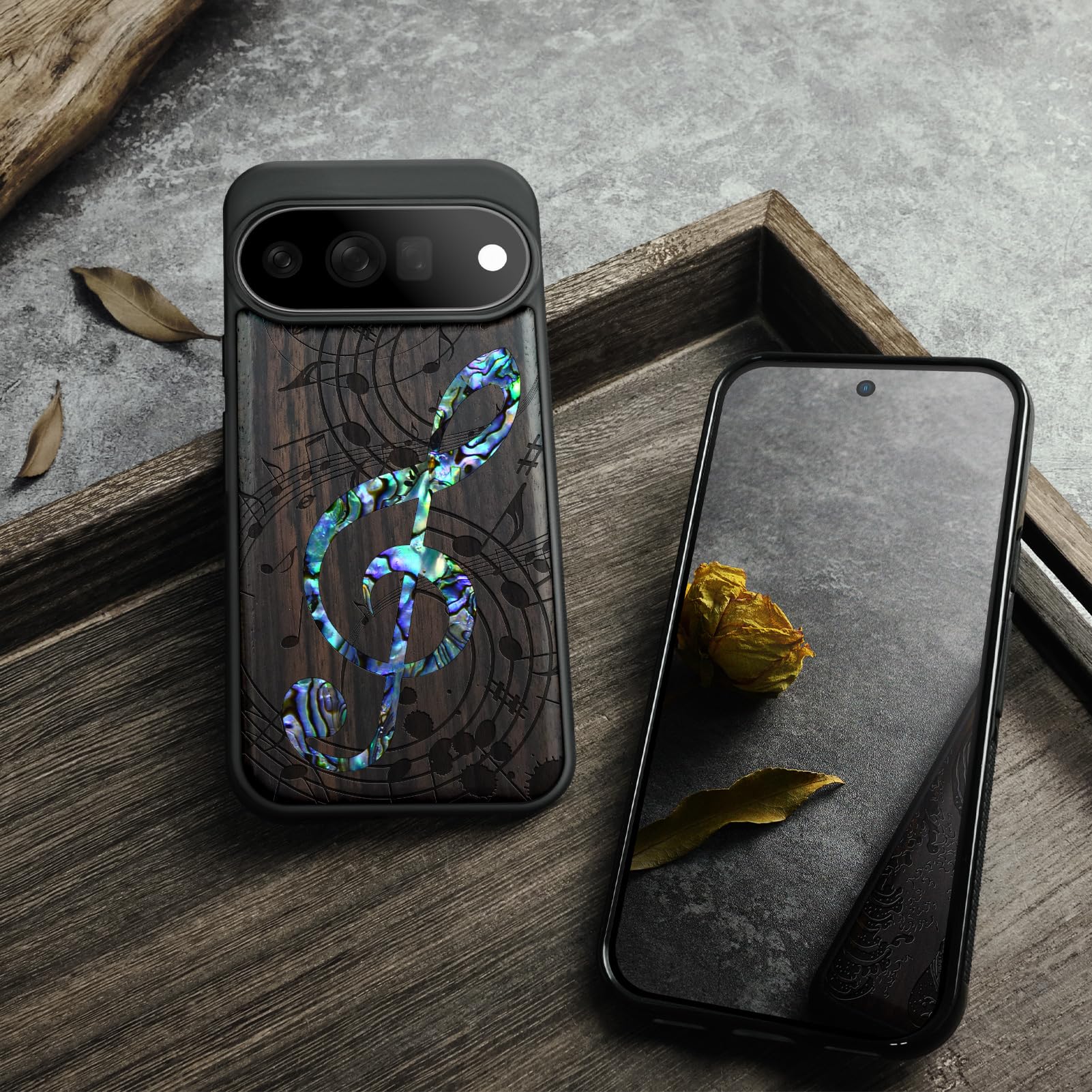 Carveit Madera Funda para Pixel 11 Pro XL (Oscura-Nota Musical) | Compatible con MagSafe [Grabado en madera e incrustación de mejillones] Magnética Cover para Google Pixel 11 Pro XL Carcasa