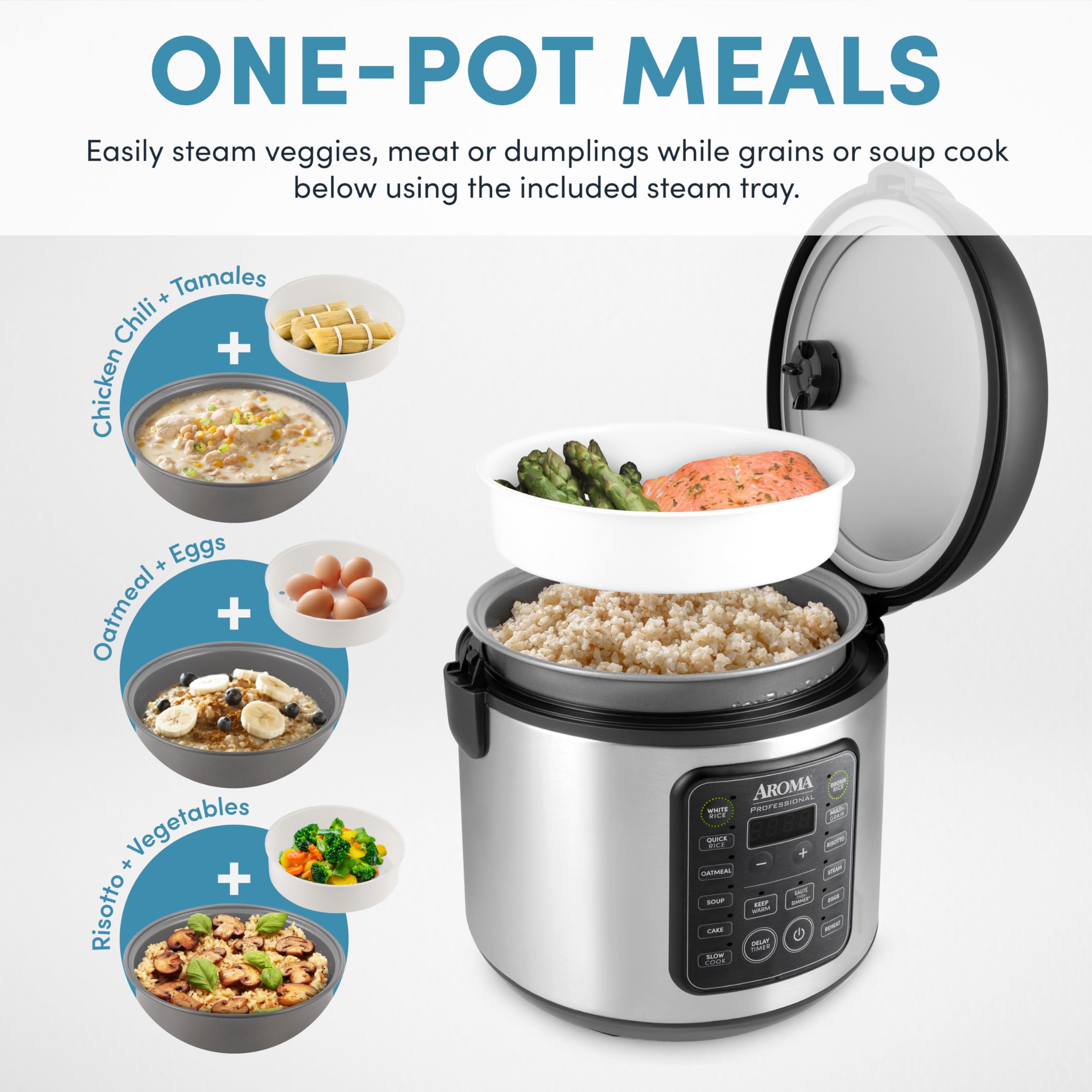 Aroma Housewares ARC-5200SB 2O2O - Olla de arroz y granos, salteado, cocción lenta, vapor, guiso, avena, risotto, sopa, 20 tazas, 10 tazas sin cocinar, acero inoxidable