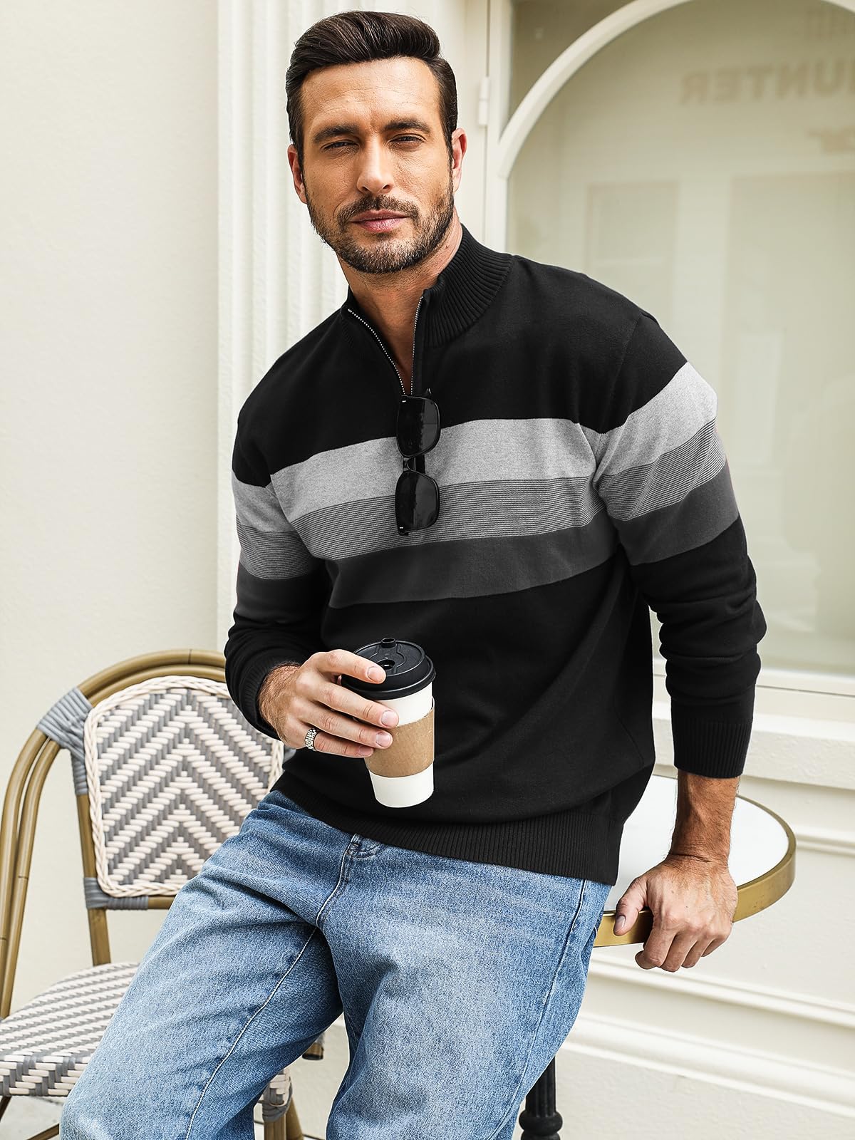 Superora Maglione a Righe da Uomo 100% Cotone Invernale Pullover Manica Lunga Collo Alto con 1/4 Zip