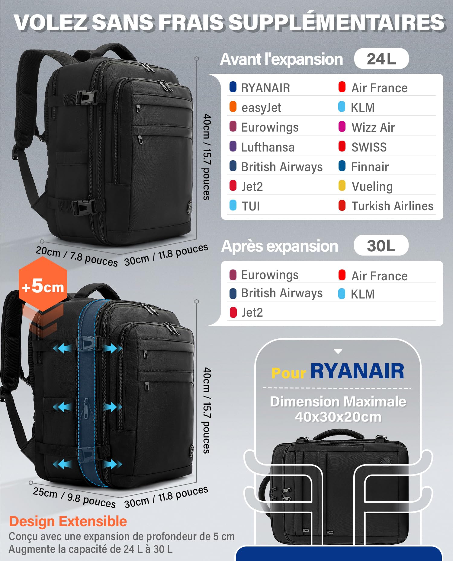 VANKEV Sac à Dos Voyage Cabine pour Ryanair EasyJet Eurowings Wizz Air Extensible 40x30x20 à 40x30x25, 24L à 30L, Bagage à Main Sous Siège Adapté à un Ordinateur Portable de 15,6 Pouces noir