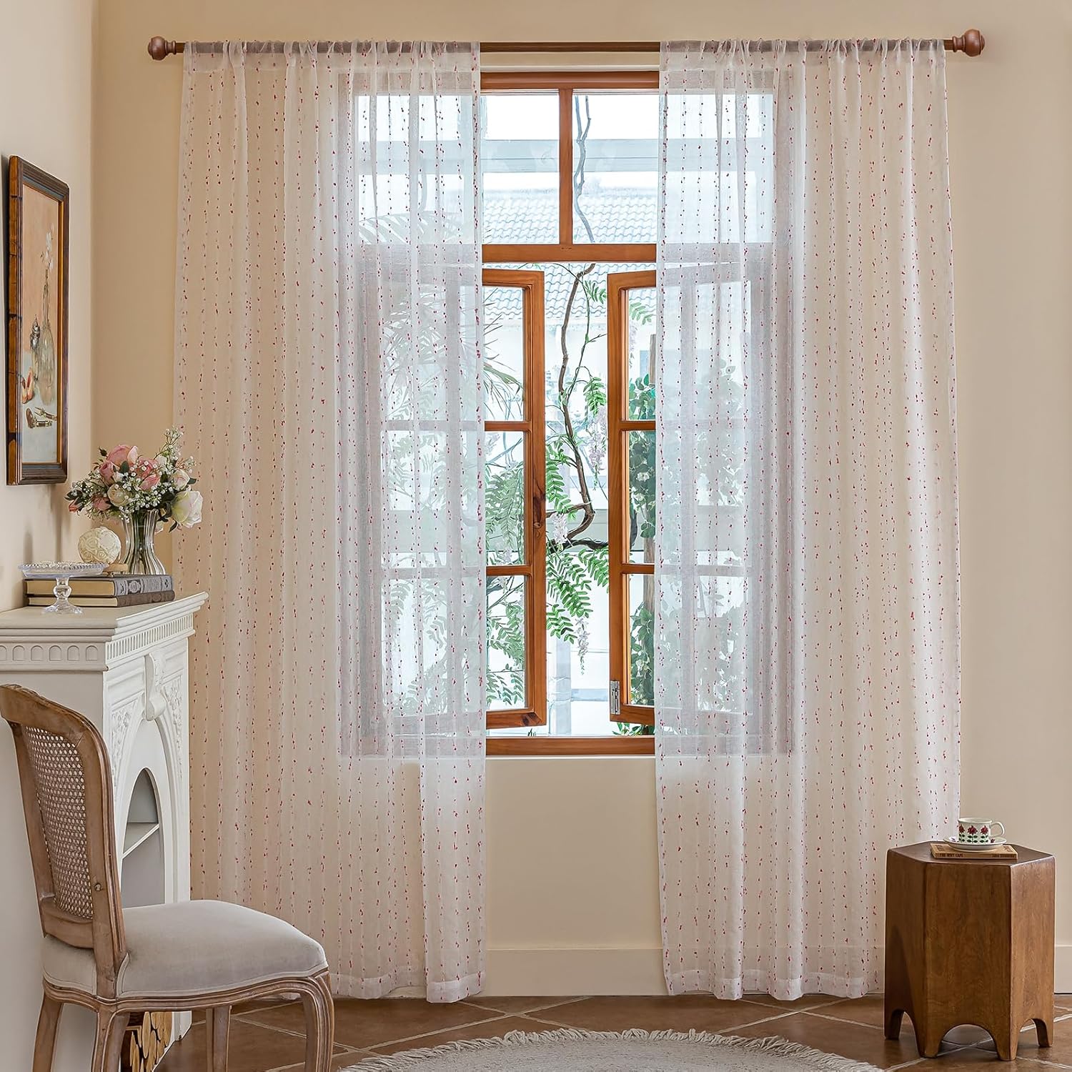 AmHoo 2 Panels Faux Linen Stripe Pom Pom Semi Sheer Curtain Vintage Voile Curtains for Living Room Bedroom Window Treatment 52 x 96 Inch Pink Multicolor