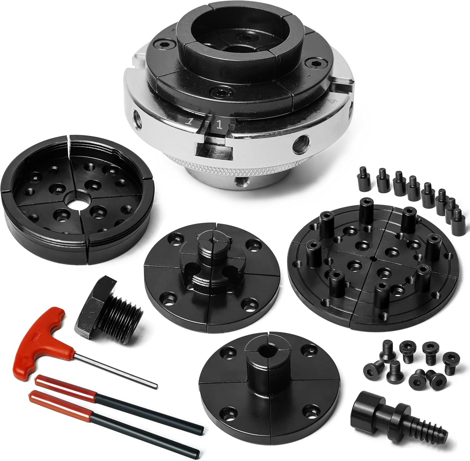 4” Wood Lathe Self-Centering Chuck Set, Dovetail Jaws, Pin Jaws, Step Jaws, Wide Jaws, 5" Flat Jaws, Wood Screw, 1"x8TPI Thread, adaptor to 3/4"x16TPI, with Nickle electric Coating.