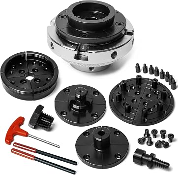 4 Wood Lathe Self-Centering Chuck Set, Dovetail Jaws, Pin Jaws, Step Jaws, Wide Jaws, 5" Flat Jaws, Wood Screw, 1"x8TPI Thread, adaptor to 3/4"x16TPI, with Nickle electric Coating.