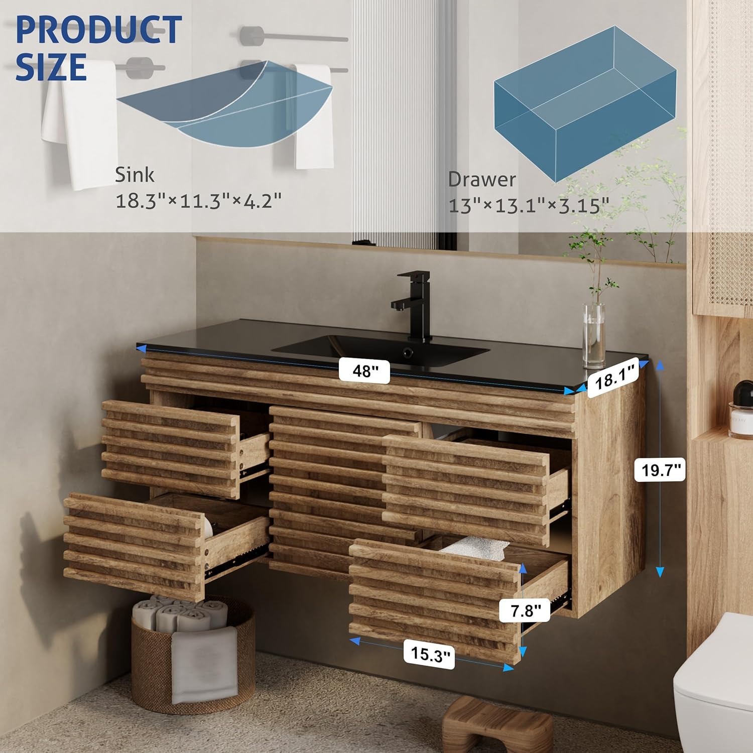eclife 48" Floating Bathroom Vanity with Sink Combo, Mid-Century Wall Mounted Cabinet with Wood Stripes Decor, Drawers, Undermount Single Black Sink, Faucet, Drain, Light Walnut