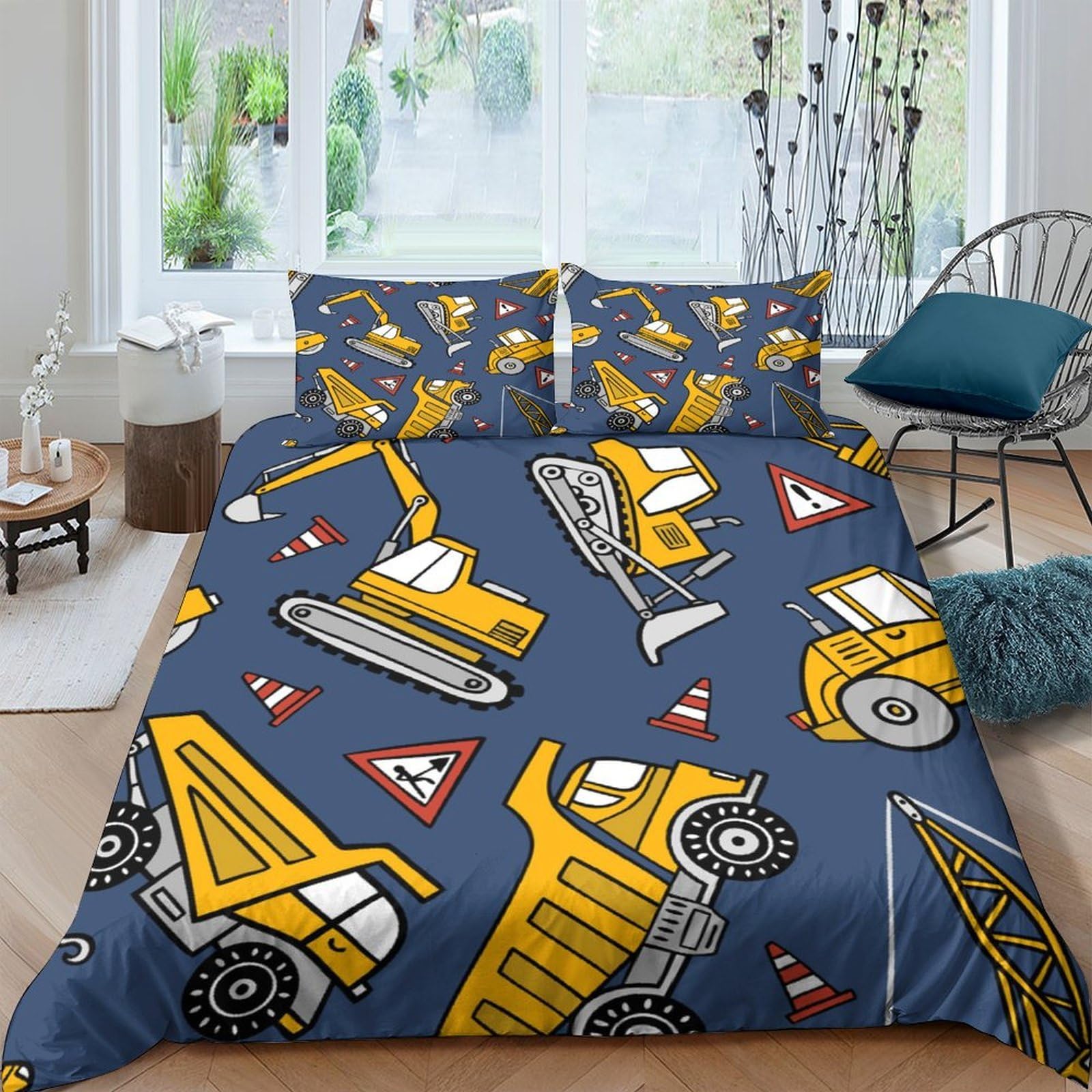 GPLZQXKJNH 3D Printed Construction Vehicles Duvet Cover Microfiber Blue Excavator Quilt Cover Set with 2 Pillowcases for Bedroom Decor Single（135x200cm）