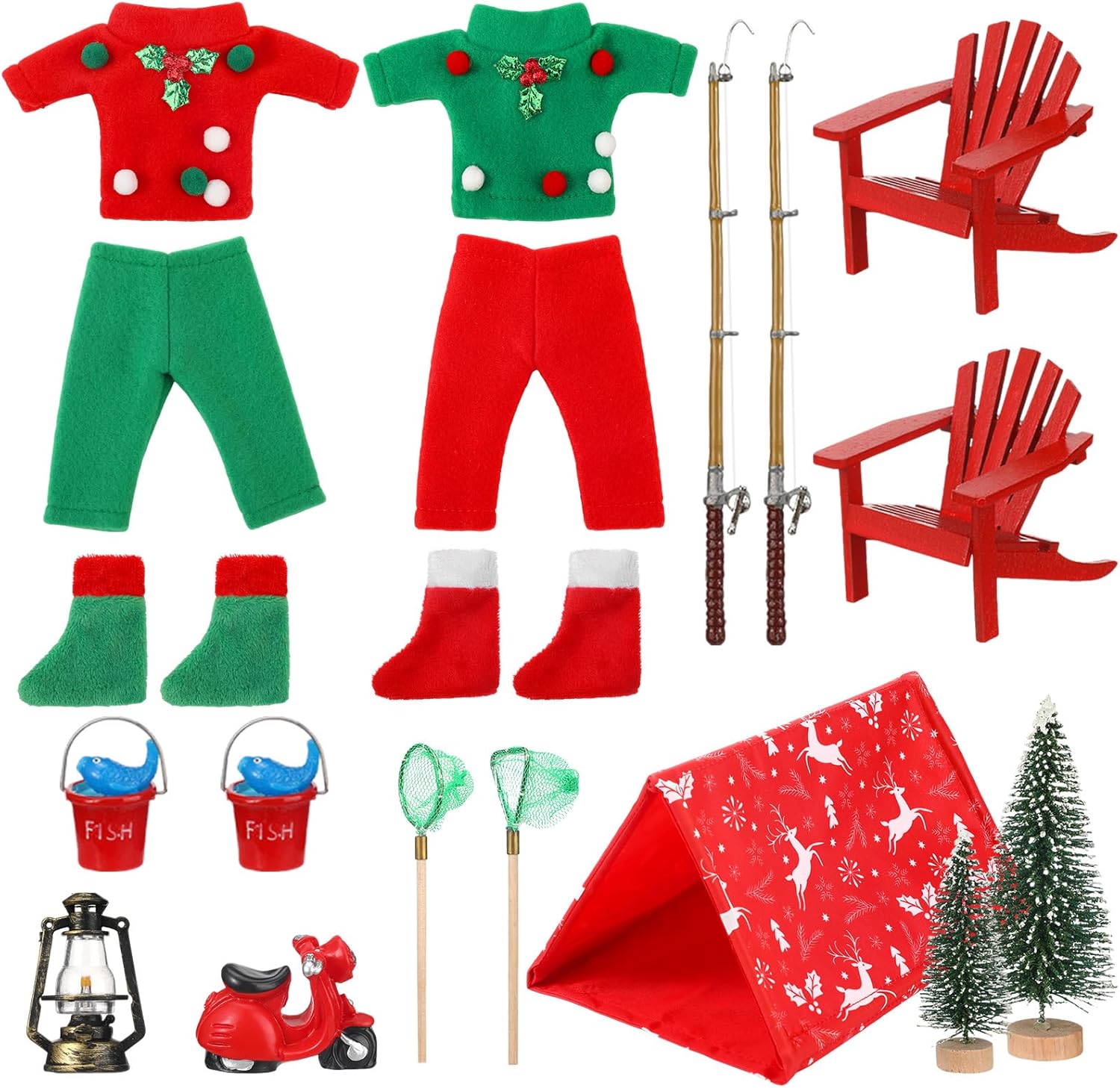 Cozypower Bencailor 19 Pcs Christmas Doll Accessories Set Include Doll Fishing Outfit Camping Accessories for Dollhouse Xmas Doll Clothes and Accessories Gifts for Family,Doll is Not Included