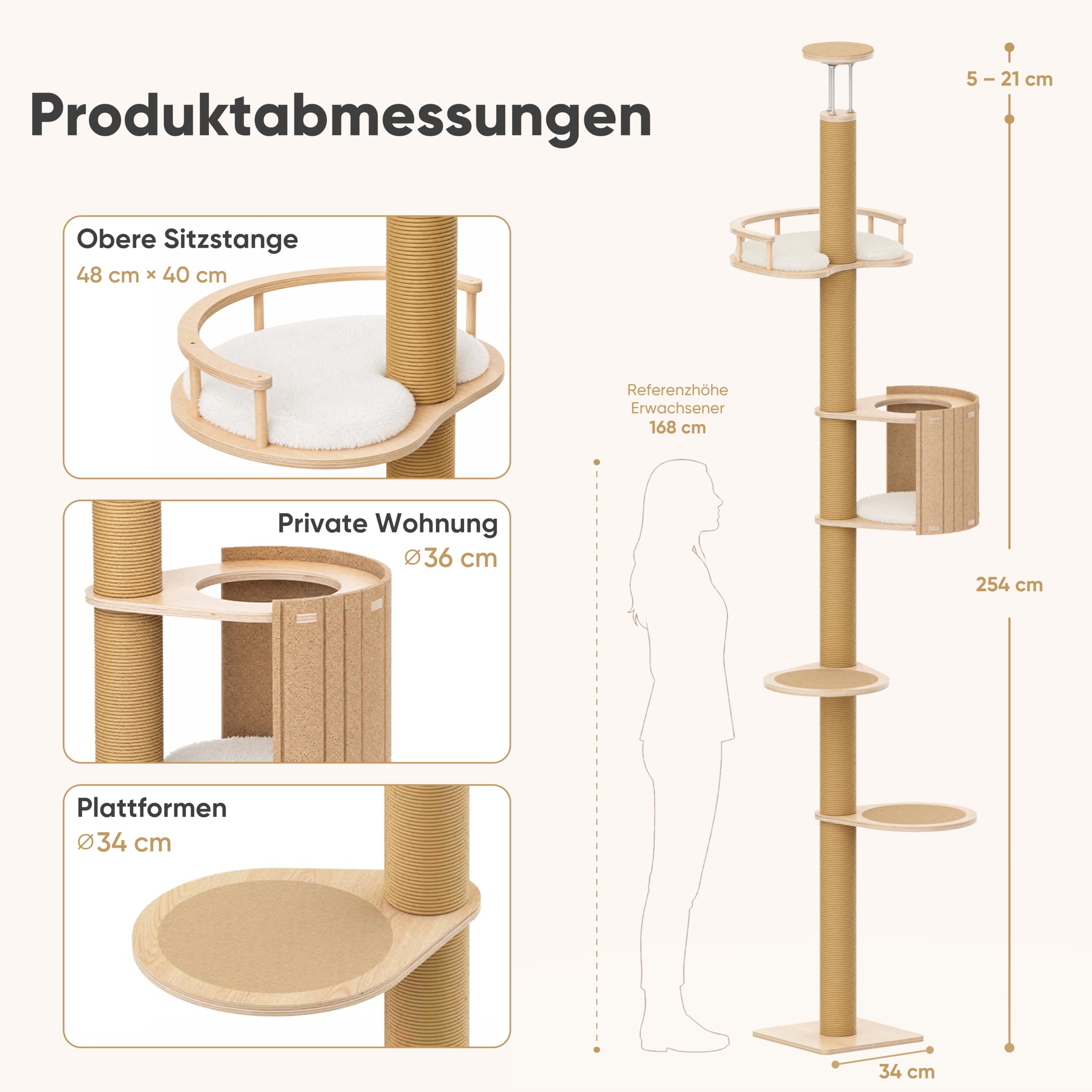FUKUMARU Kratzbaum, bis zur Decke reichender Katzenturm,Katzenbaum aus Natürliches Gummiholz-Sperrholz, mit Katzenversteck-Zelt und oberer Liegenische mit Geländer,beige