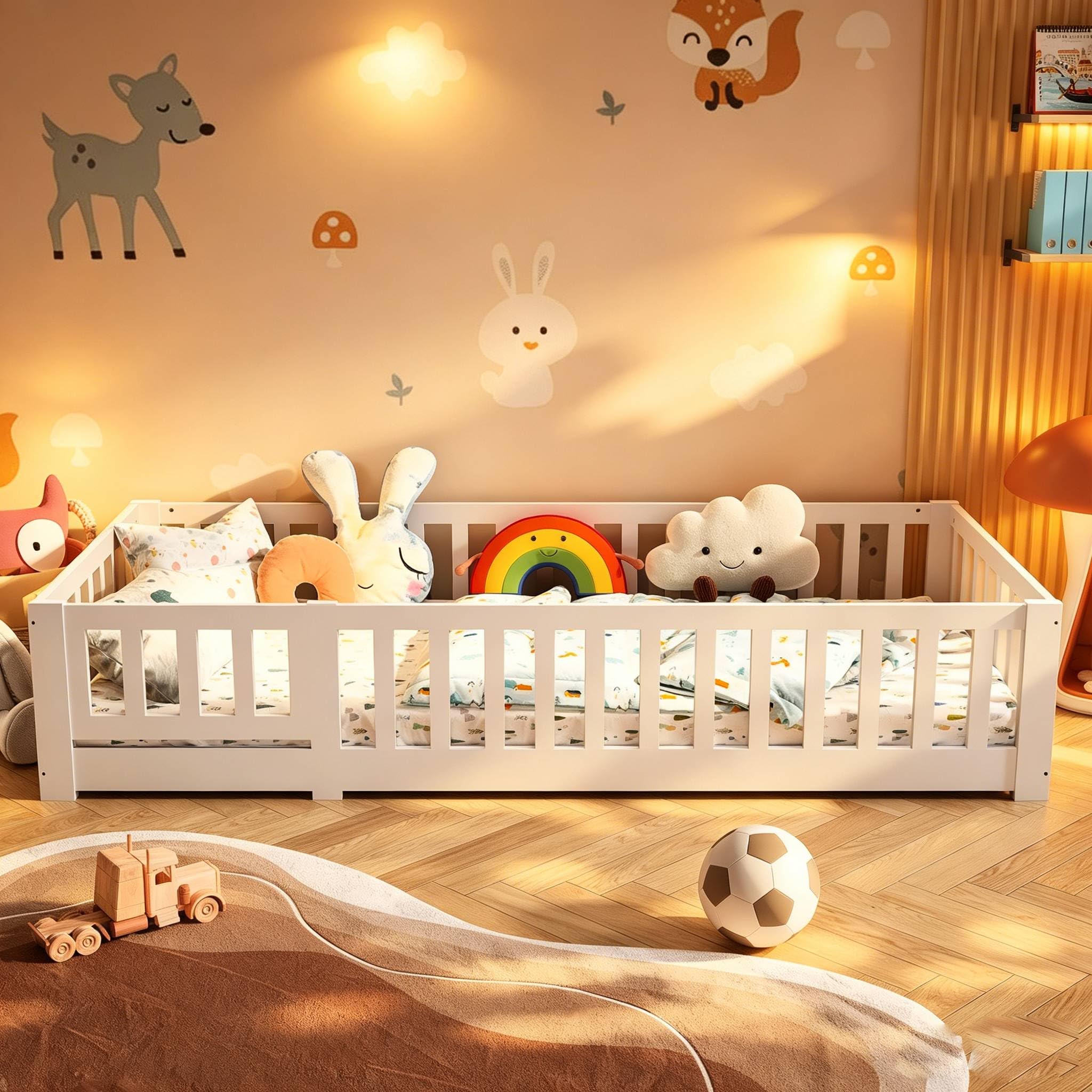 Lettino Montessori per bambini 90 x 200 cm con Protezione Anticaduta,Cama Suelo con Barandilla de Seguridad,Camas para Niños y Niñas,Telaio in Legno Massello di Pino,Bianco