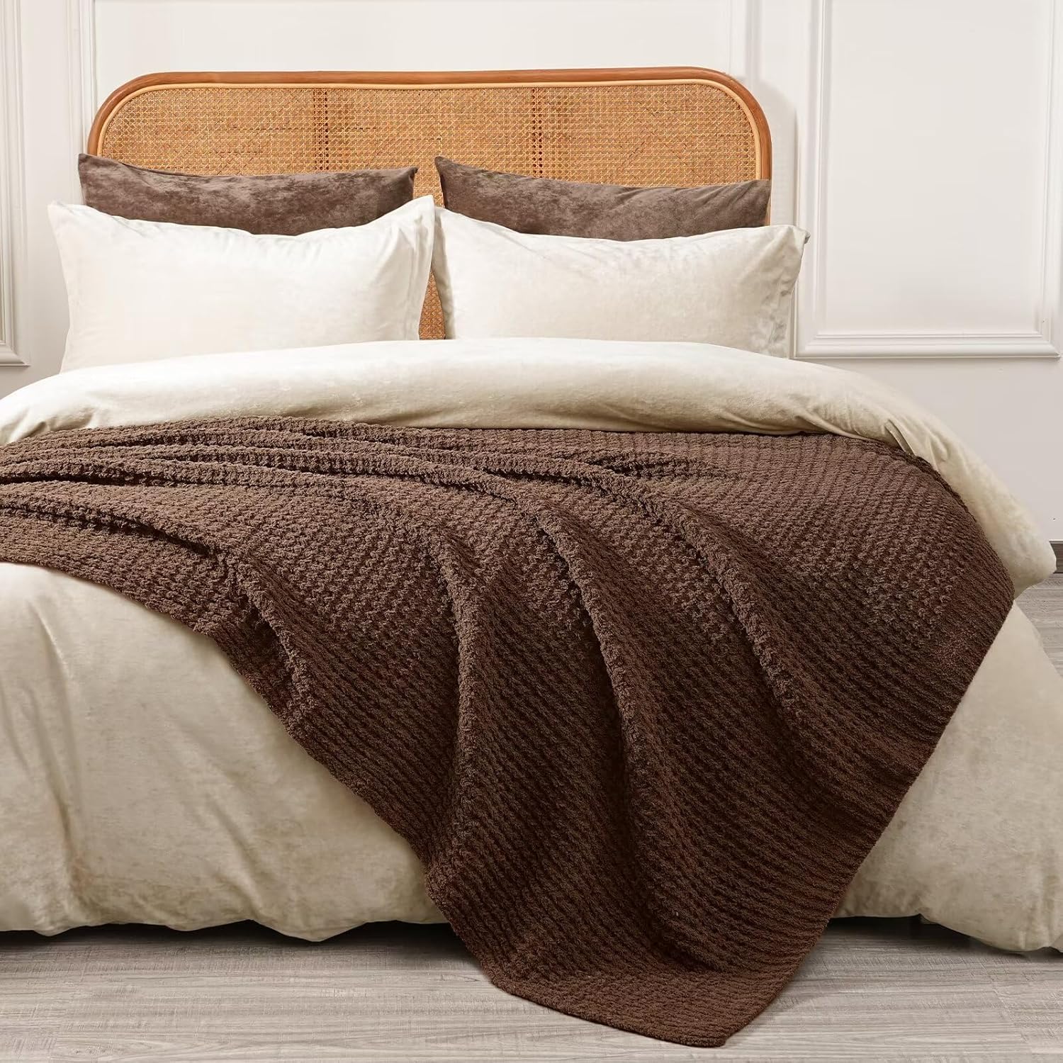 PHF Chenille Waffle Knit Throw Blanket- Plush Warm & Cozy 50" x 60" Ultra Soft Blanket- Chunky Fluffy Waffle Throws for Couch Bed Sofa - Cocoa Brown - Image 5
