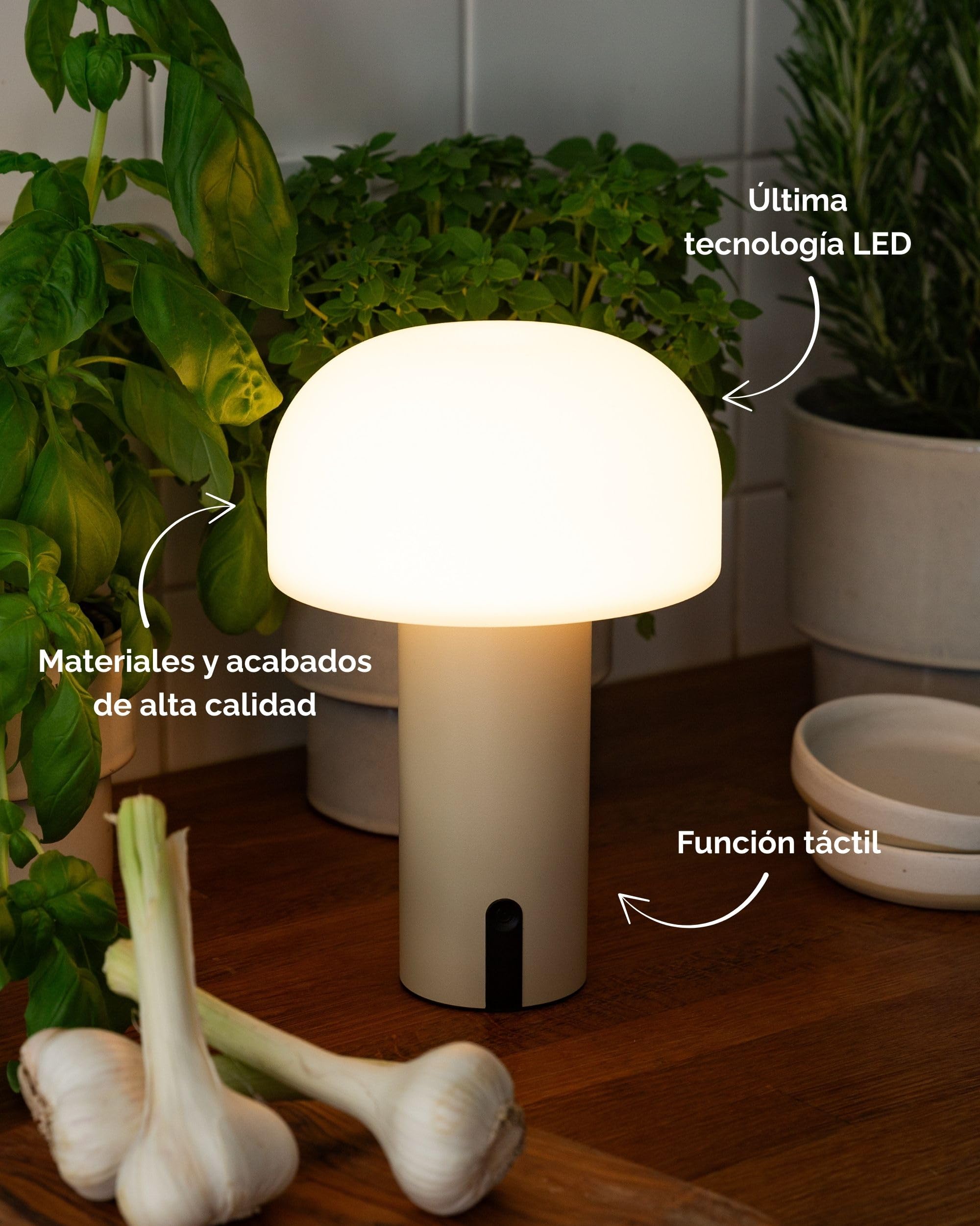 LUUK Studio Lámpara de Mesa LED Inalámbrica Recargable, Diseño en Forma de Seta, IP44 impermeable, Luz Blanca Cálida Regulable 2700K, Control Táctil, USB-C, Decorativa Moderna para Interio, Caqui