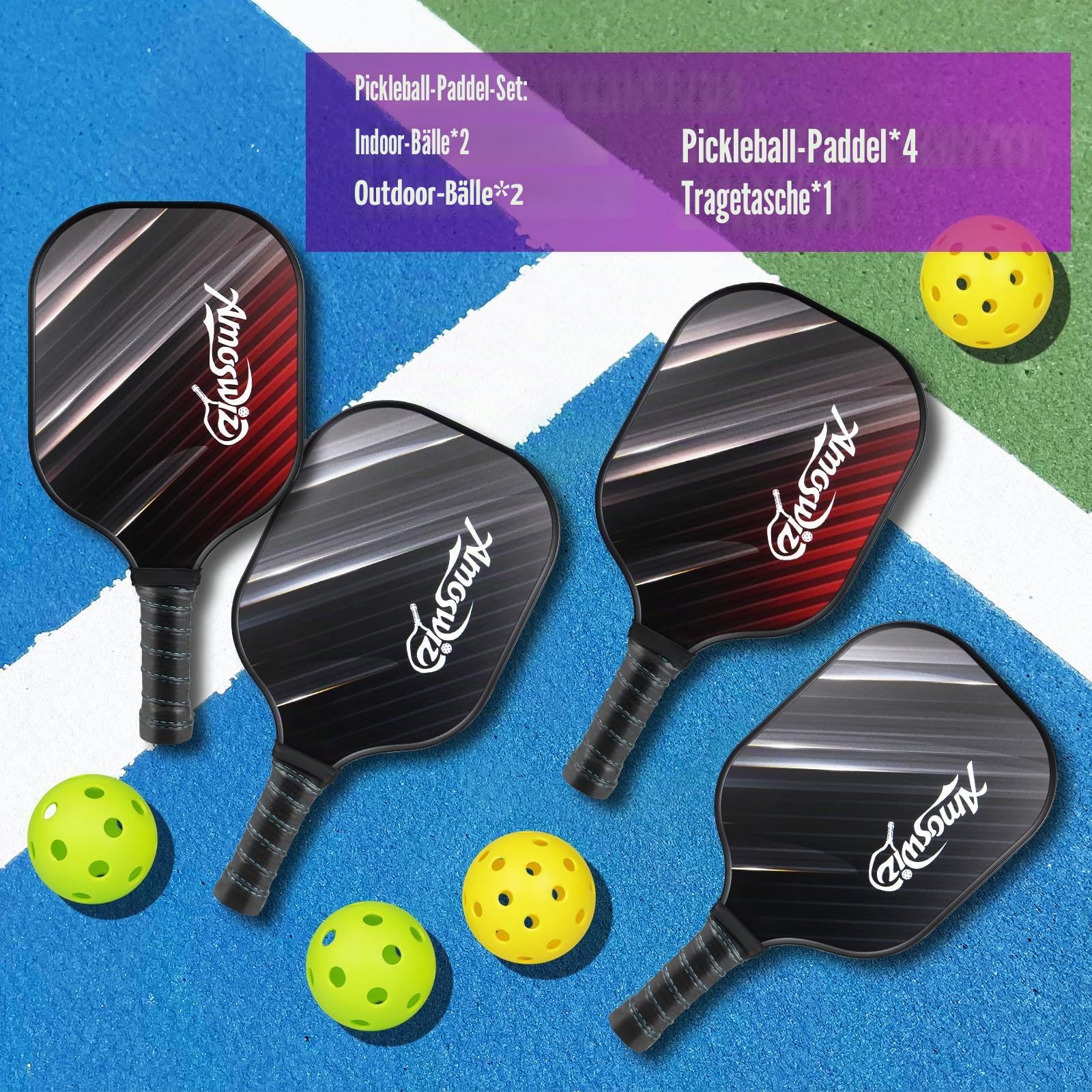 Pickleball-Paddel 4er-Set, Premium-Pickleball-Paddel aus Fiberglas für Anfänger, Pickleball-Set mit 4 Pickle-Bällen, Geschenk für Erwachsene und Kinder