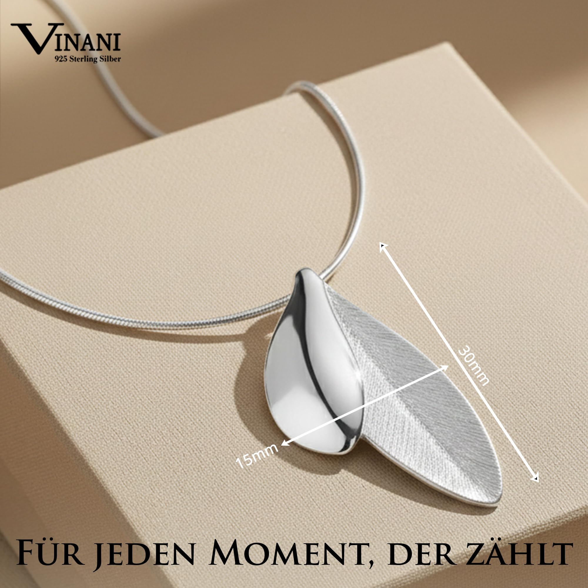 Kettenanhänger mit Schlangenkette 925 Sterling Silber für Damen, ABH-S | Blattmotiv, gebürstete Mattoptik, nickelfrei, antiallergisch, deutsches Design, vielseitig kombinierbar