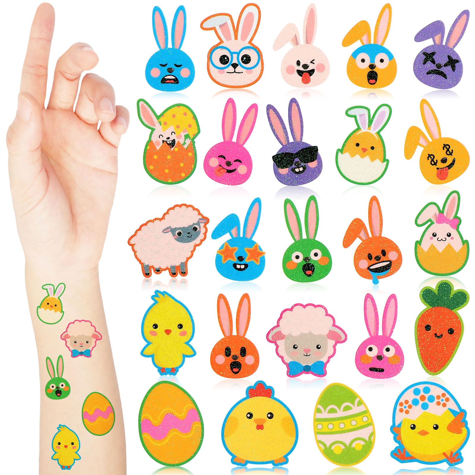 Nosiny 240 Pcs Easter Glitter Temporary Tattoos Happy Bunny Egg Chick Carrot Apparel Accessories Easter Glitter Tattoo Stickers with Expression for