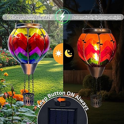 Miniatura 3 de OUISJYER Linterna solar de globo de aire caliente con luz de llama parpadeante de vidrio colgante faroles solares al aire libre impermeable para