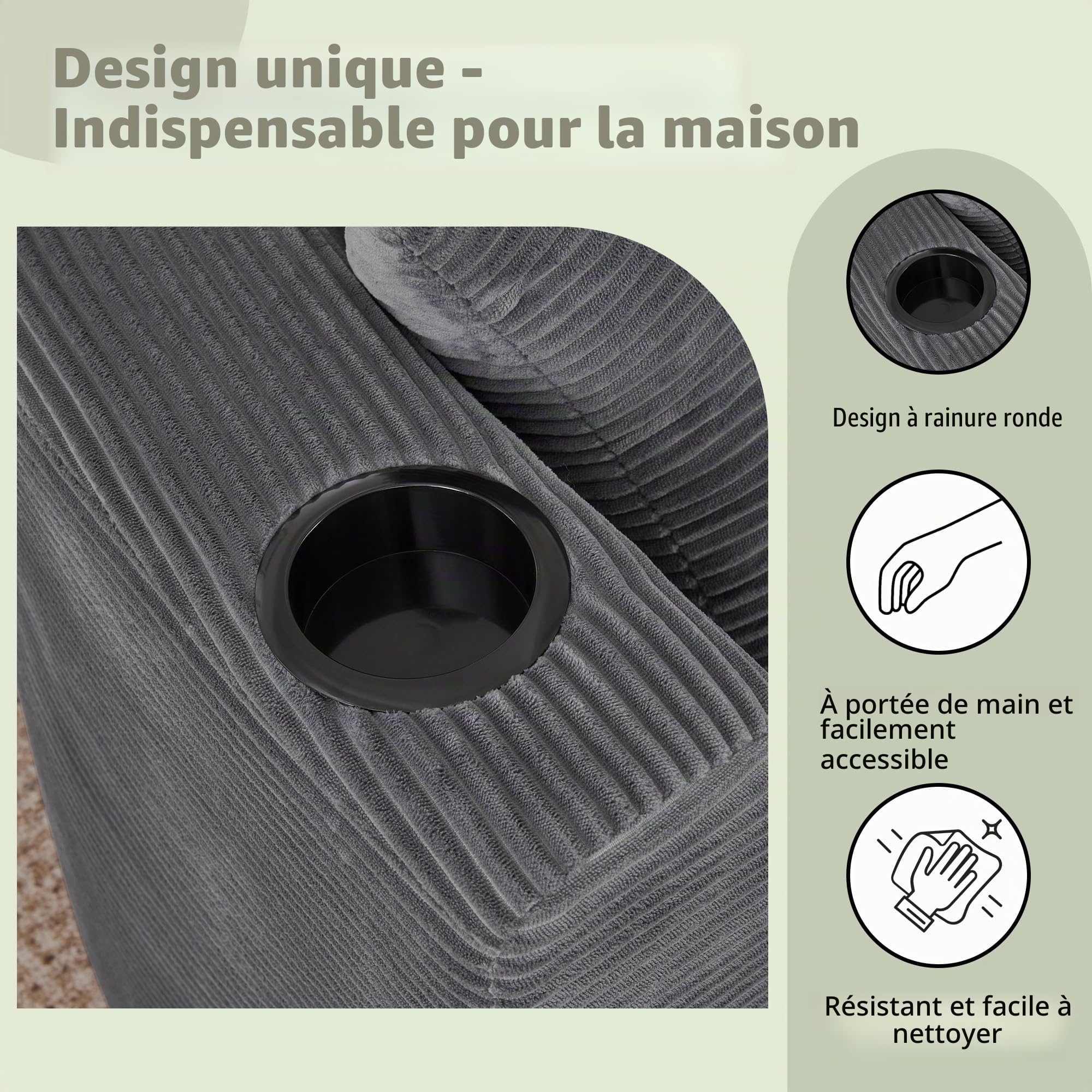 Canapé d'angle Convertible modulable 3-4 Places–Design incurvé en Velours côtelé,avec Porte-gobelets et Coussins–Canapé compressé sans Montage–Salon,Appartement(Gris+L)