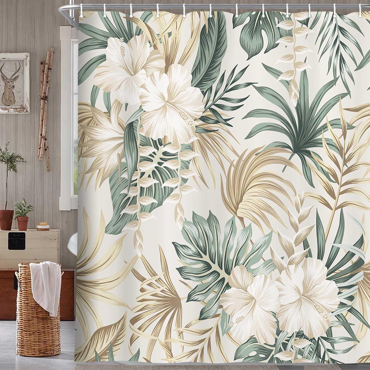DYNH Tropical Plant Flower Shower Curtain for Bathroom, Vintage Sage Green Palm Leaves Beige Fabric Shower Curtains Set, Cute Floral Greenery