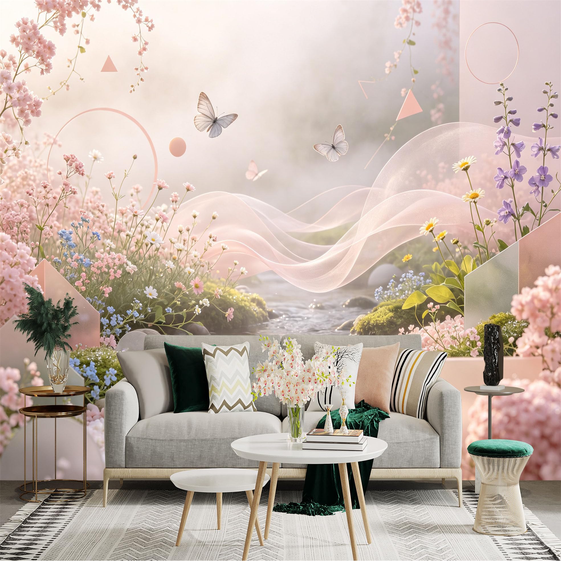 Custom Size Wall Sticker Mural， Dreamy Pastel Spring Garden， Blossoming Flowers and Butterflies， Flowing Stream， for wall Decoration， peelandstick wall Decals.