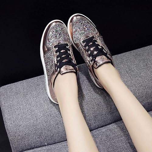 oiangi Sequined Sneakers for Women Fashion Casual Running Walking Gym Sport Shoes Comfortable Lace-up Platform Tennis Shoes(Gold,6.5)
