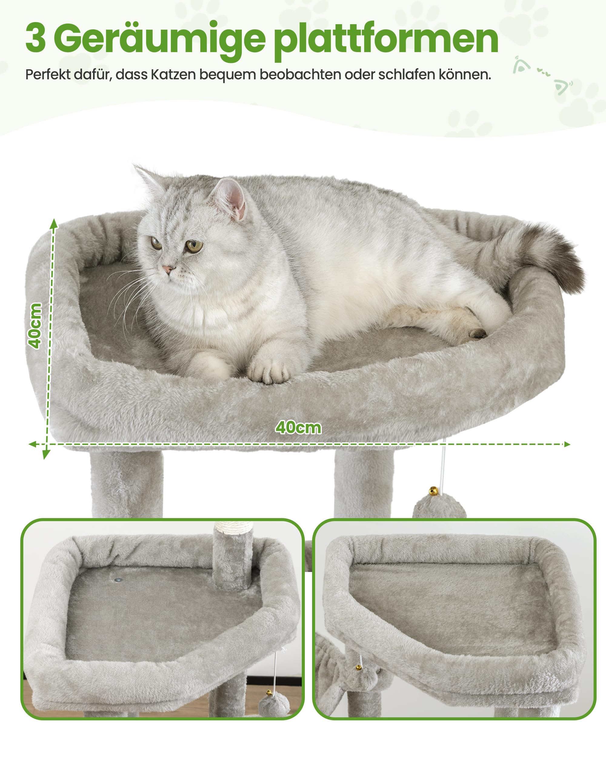 Kratzbaum Groß, Kratzbaum Grosse Katzen Stabil 170 cm hoch - Katzenbaum XL, Mehrstöckiger Katzenbaum Grau mit 4 Kratzsäulen, 6 Plüschbälle, Plattformen, Höhlen, Hängematte - Cat Tree Tower
