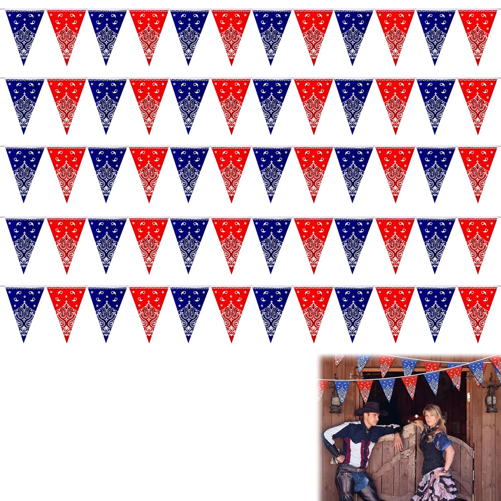 Western Style Decorative Denim Party Banner 5 Pack 3m Red Blue Triangle Bunting Cowboy Theme Garland for Wild West Party Decorations