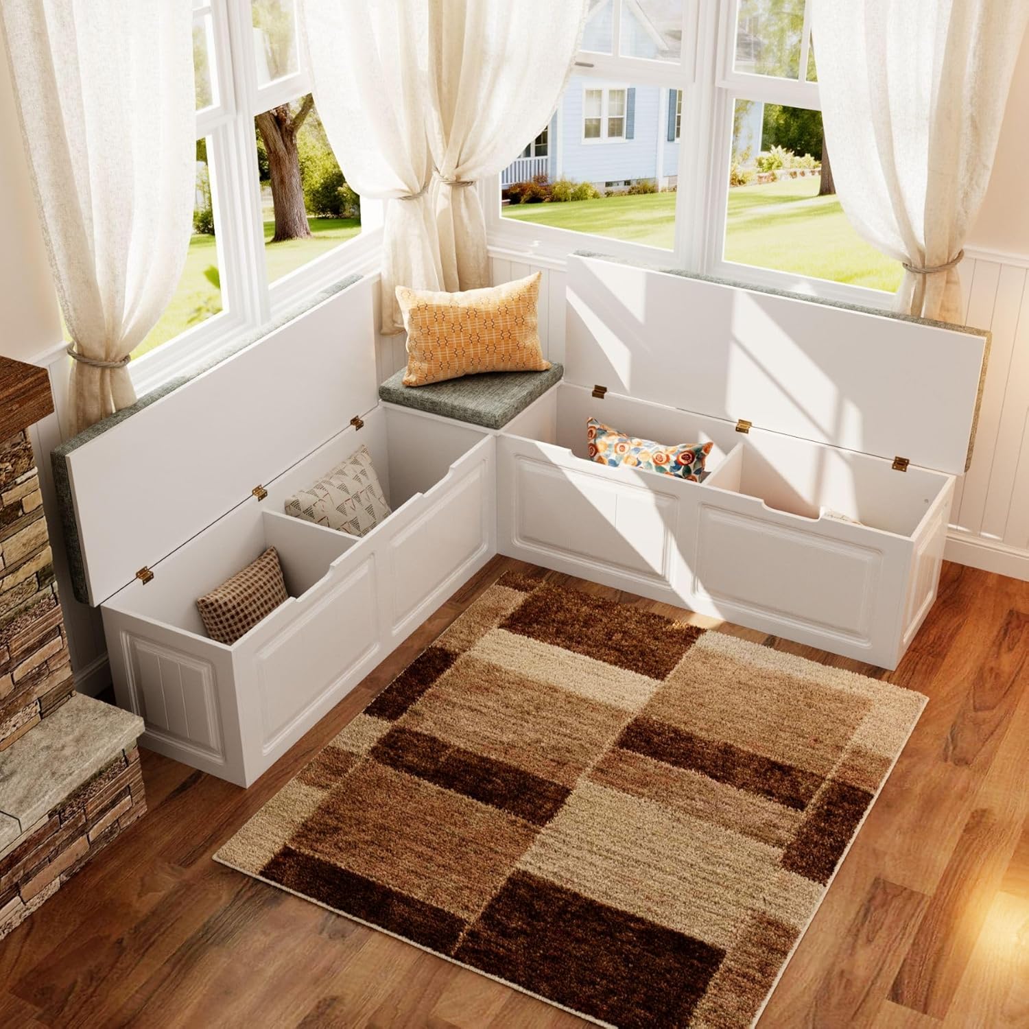 Lovinouse L-Shaped Corner Storage Bench with Cushion, Kitchen Breakfast Nook Entryway Bench with Hidden Space and Shoe Storage, Corner Banquette Benches for Dining Room, Bedroom, White & Grey