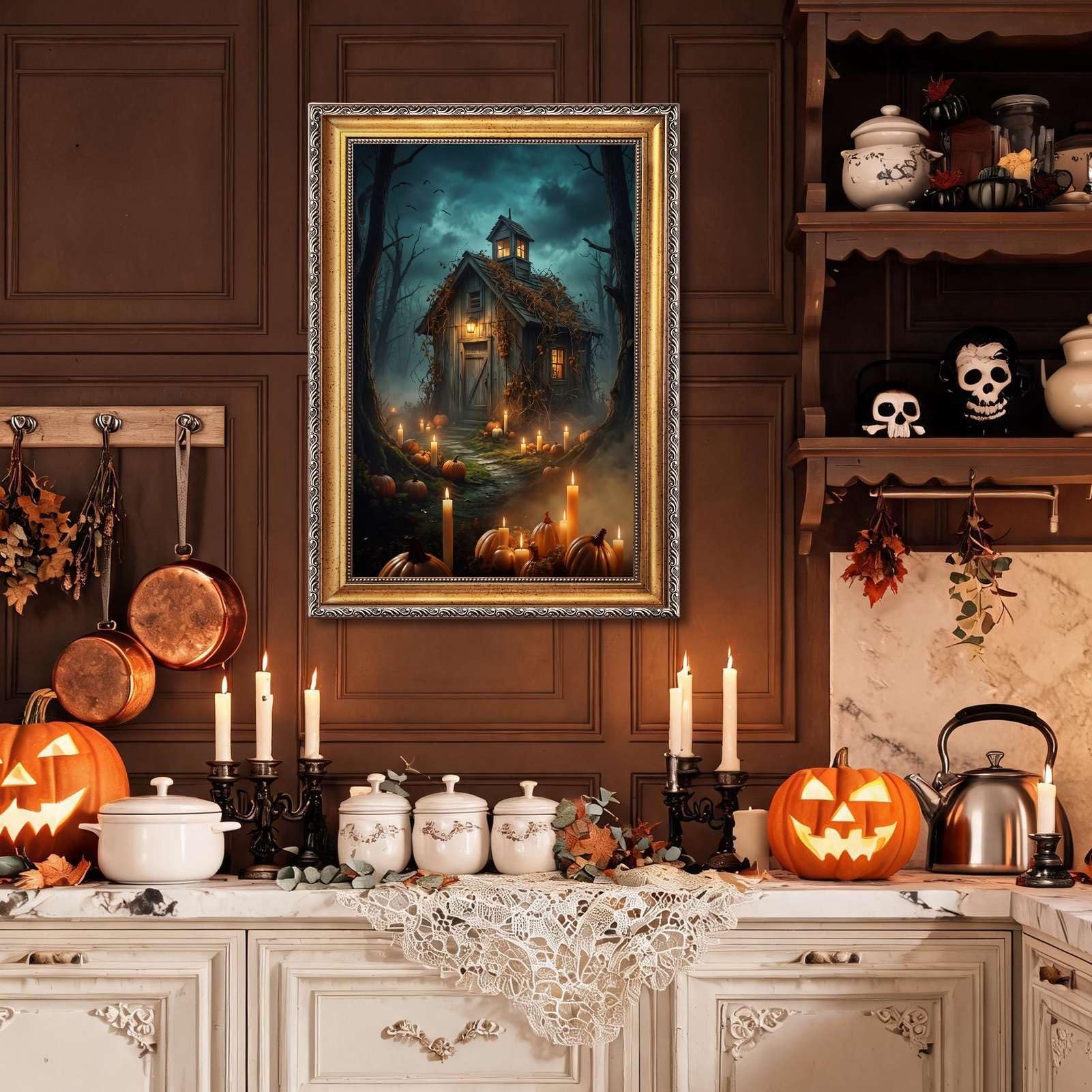 Cuadro decorativo de cabaña en el bosque místico con calabazas, impresión e